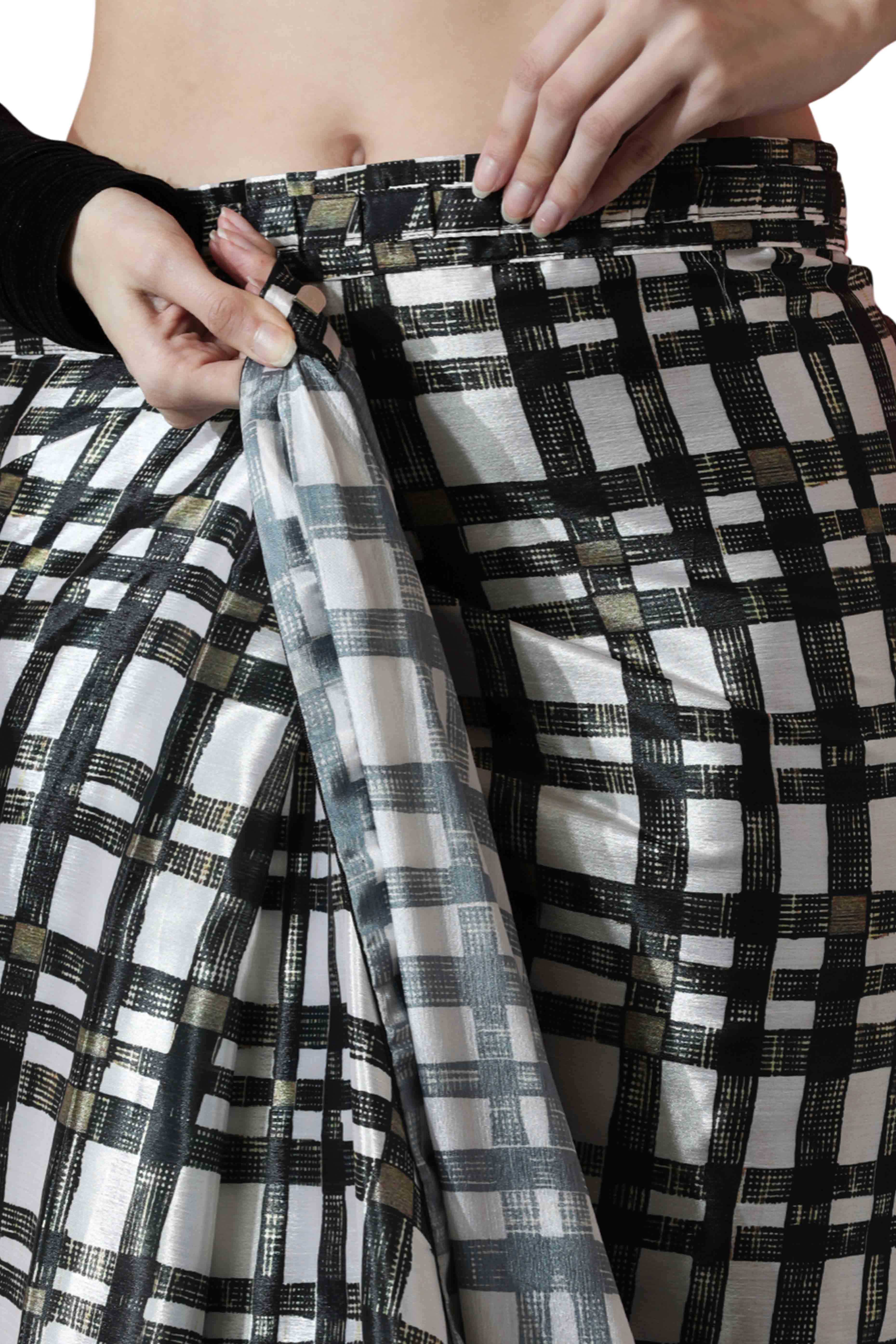 Black & White Checked Digital Printed With Lace Border Pallu Chinon Ready To Wear Saree