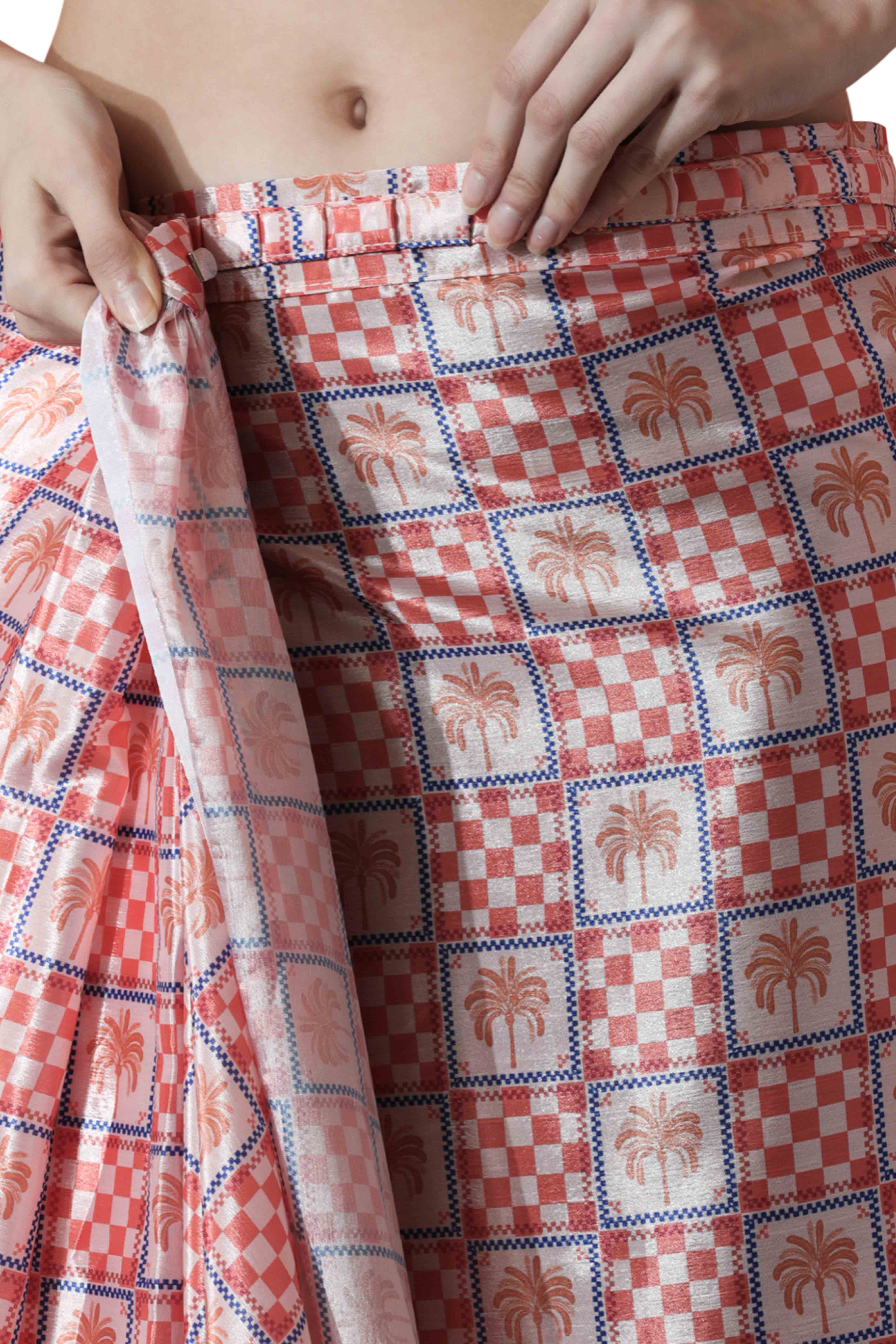 Peach Digital Printed With Lace Border Pallu Chinon Ready To Wear Saree