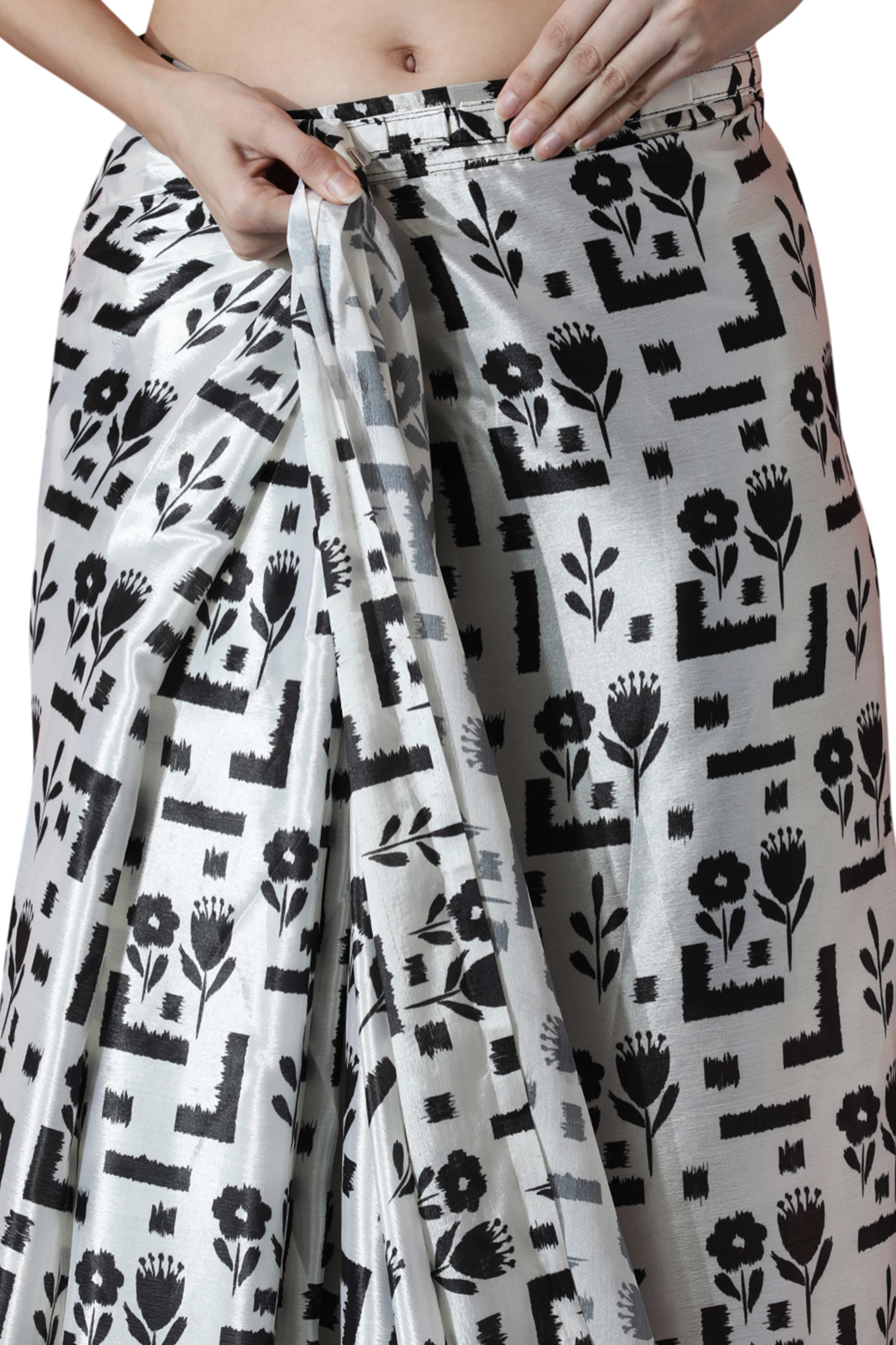 White & Black Floral Digital Printed With Intricate Lace Border Pallu Chinon Ready To Wear Saree