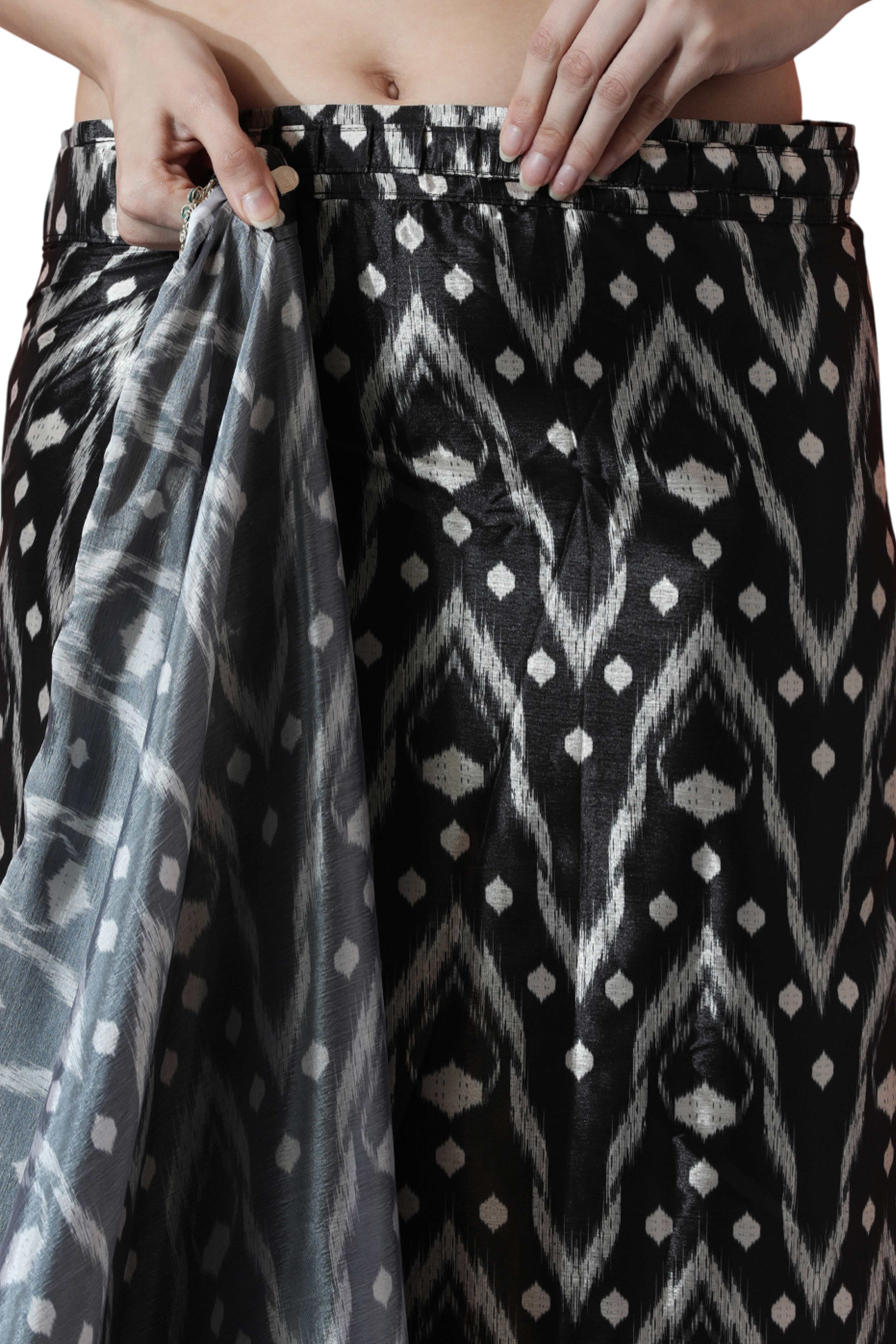 Black Digital Printed With Intricate Lace Border Pallu Chinon Ready To Wear Saree