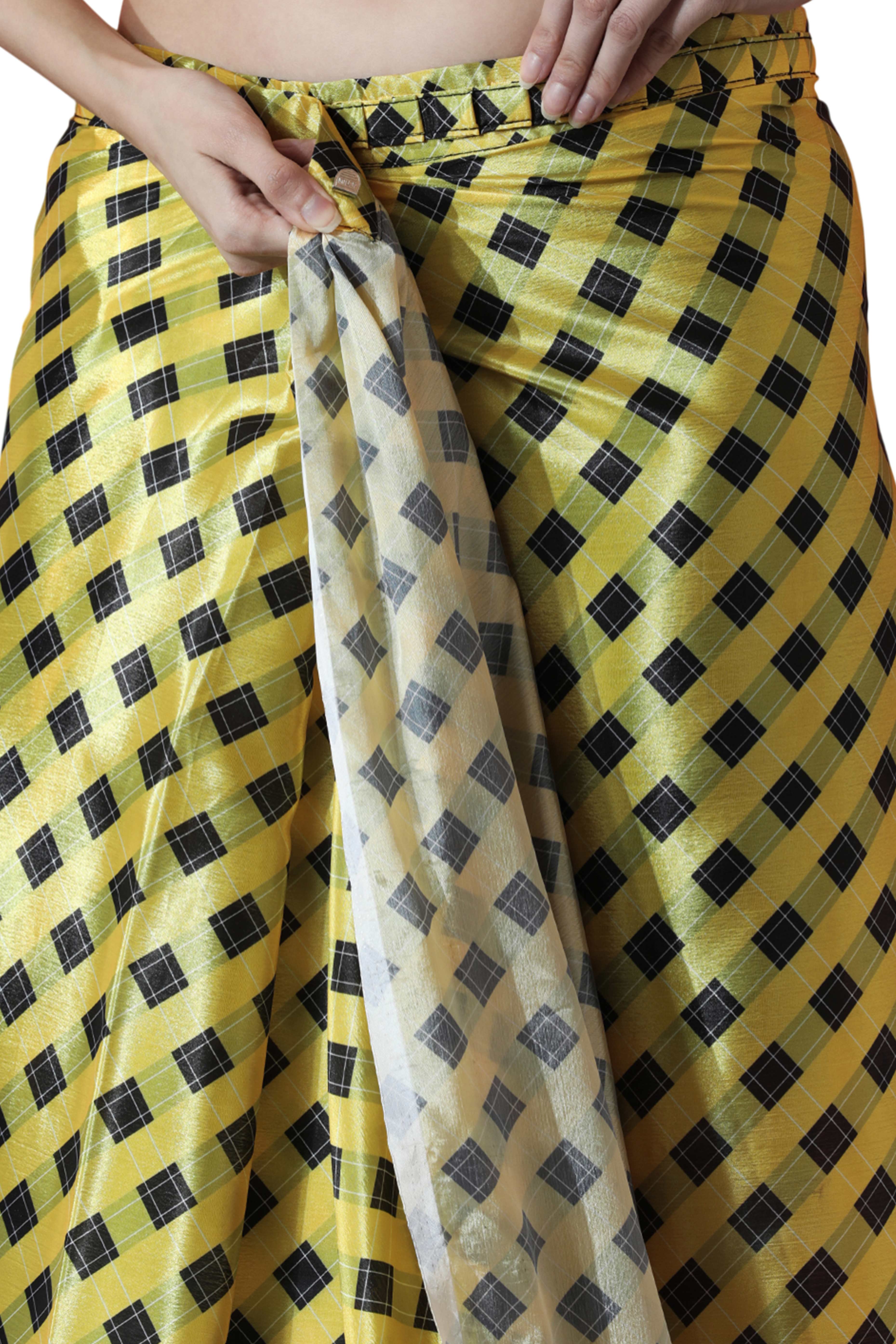 Yellow Checks Digital Printed With Intricate Lace Border Pallu Chinon Ready To Wear Saree