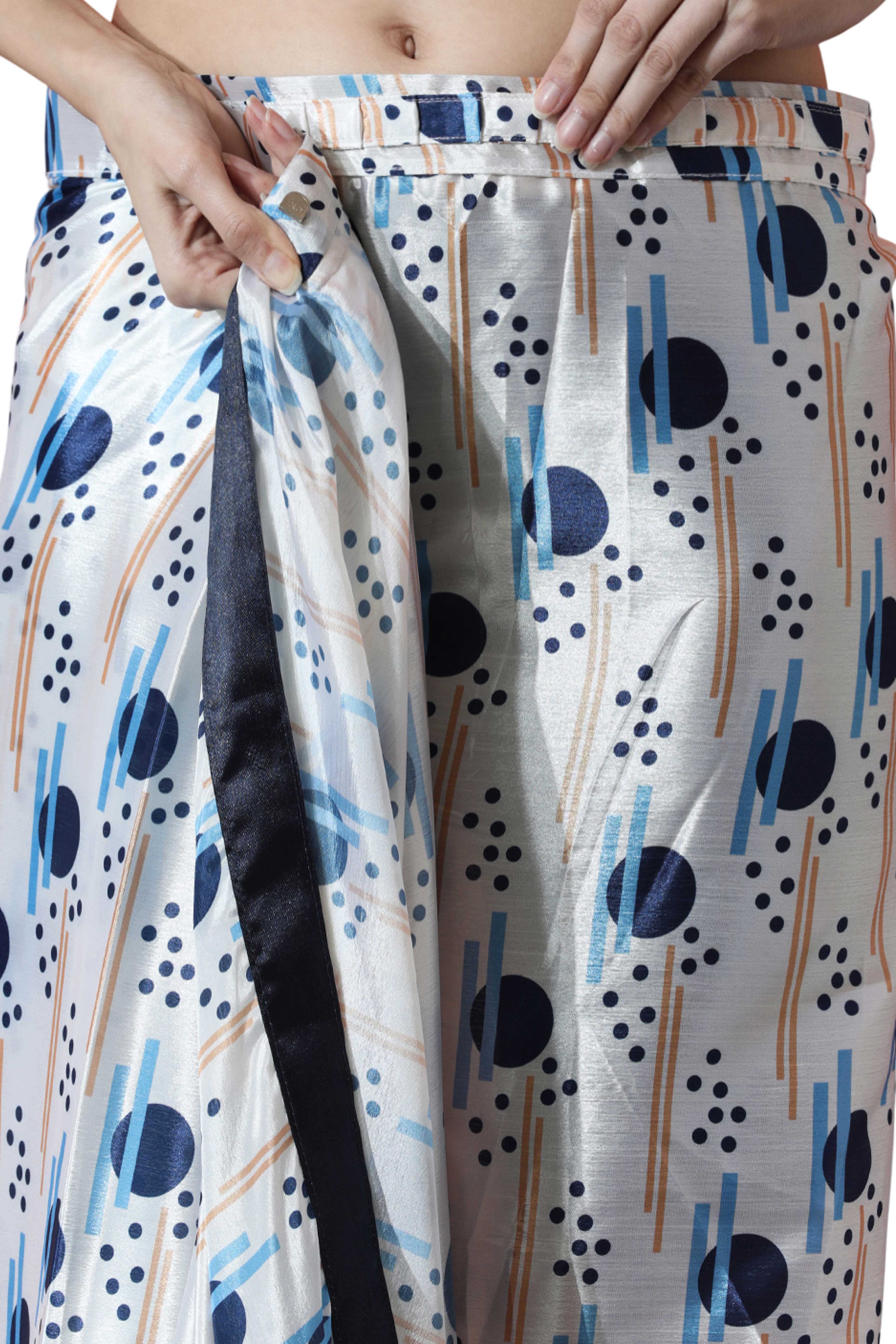 White Geometric Digital Printed With Intricate Lace Border Pallu Chinon Ready To Wear Saree