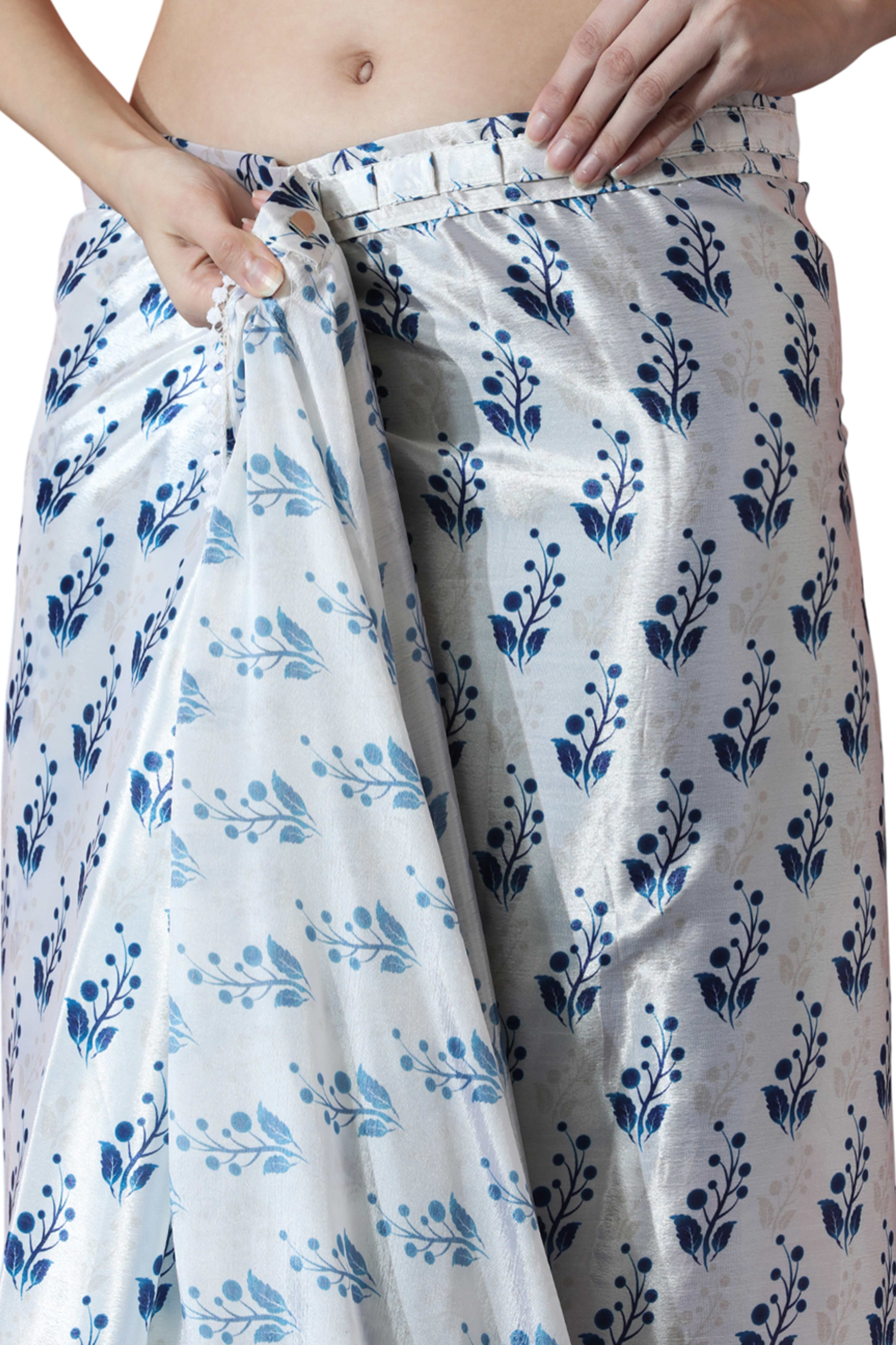 White & Blue Floral Digital Printed With Delicate Lace Border Pallu Chinon Ready To Wear Saree