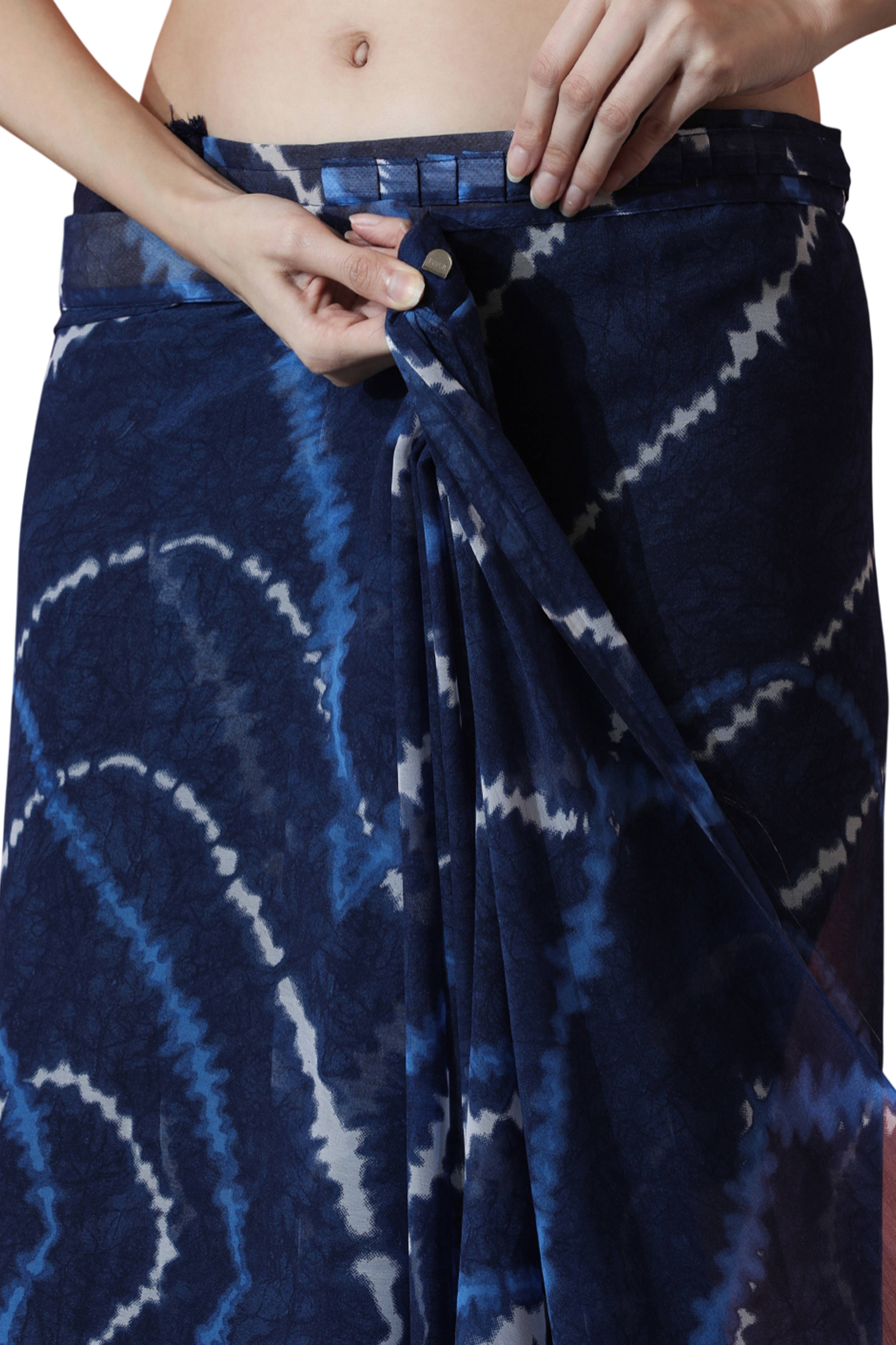 Navy Blue Printed Marbel Chiffon Ready To Wear Saree