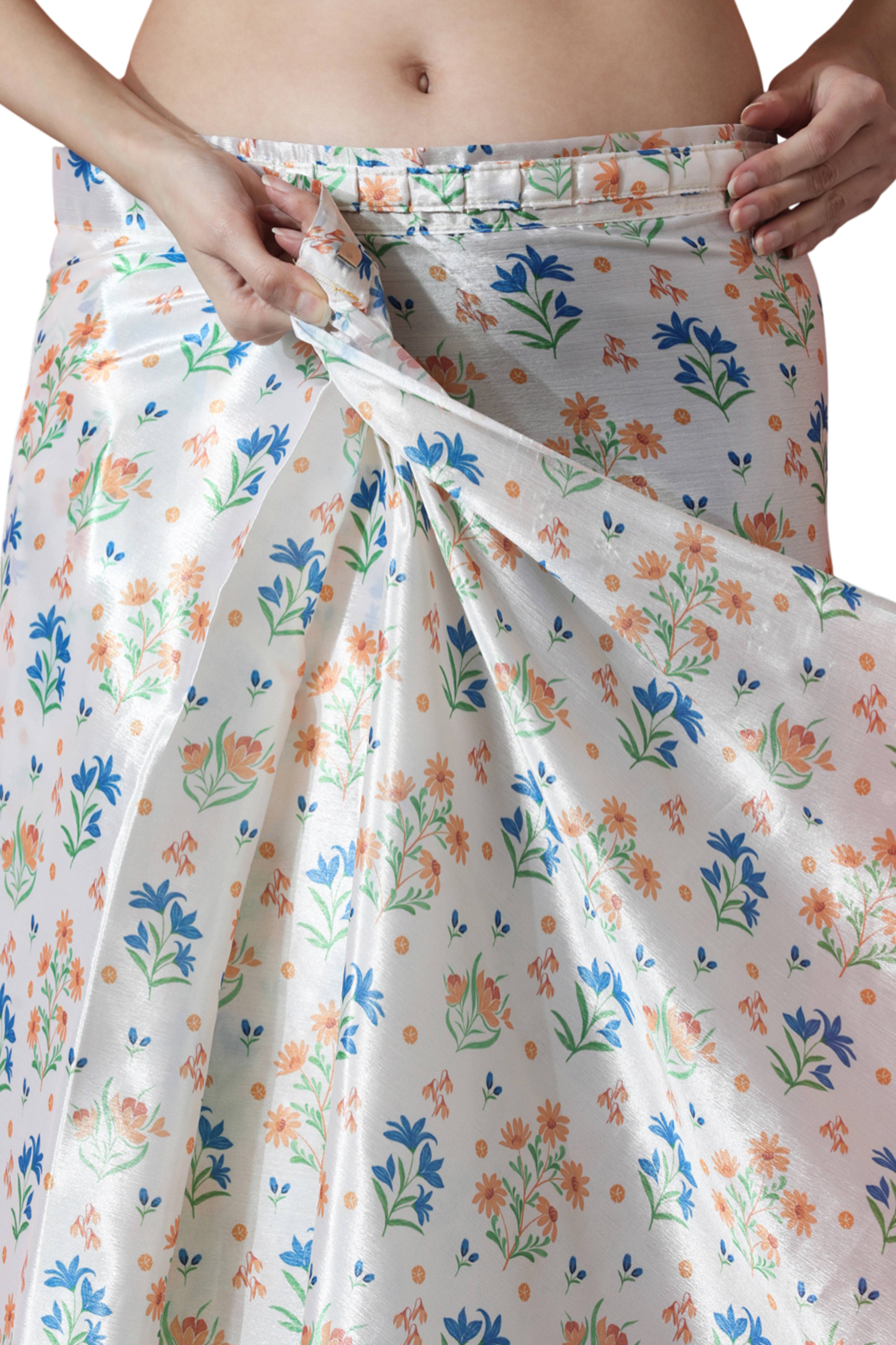 Offwhite Floral Digital Printed With Delicate Lace Border Pallu Chinon Ready To Wear Saree