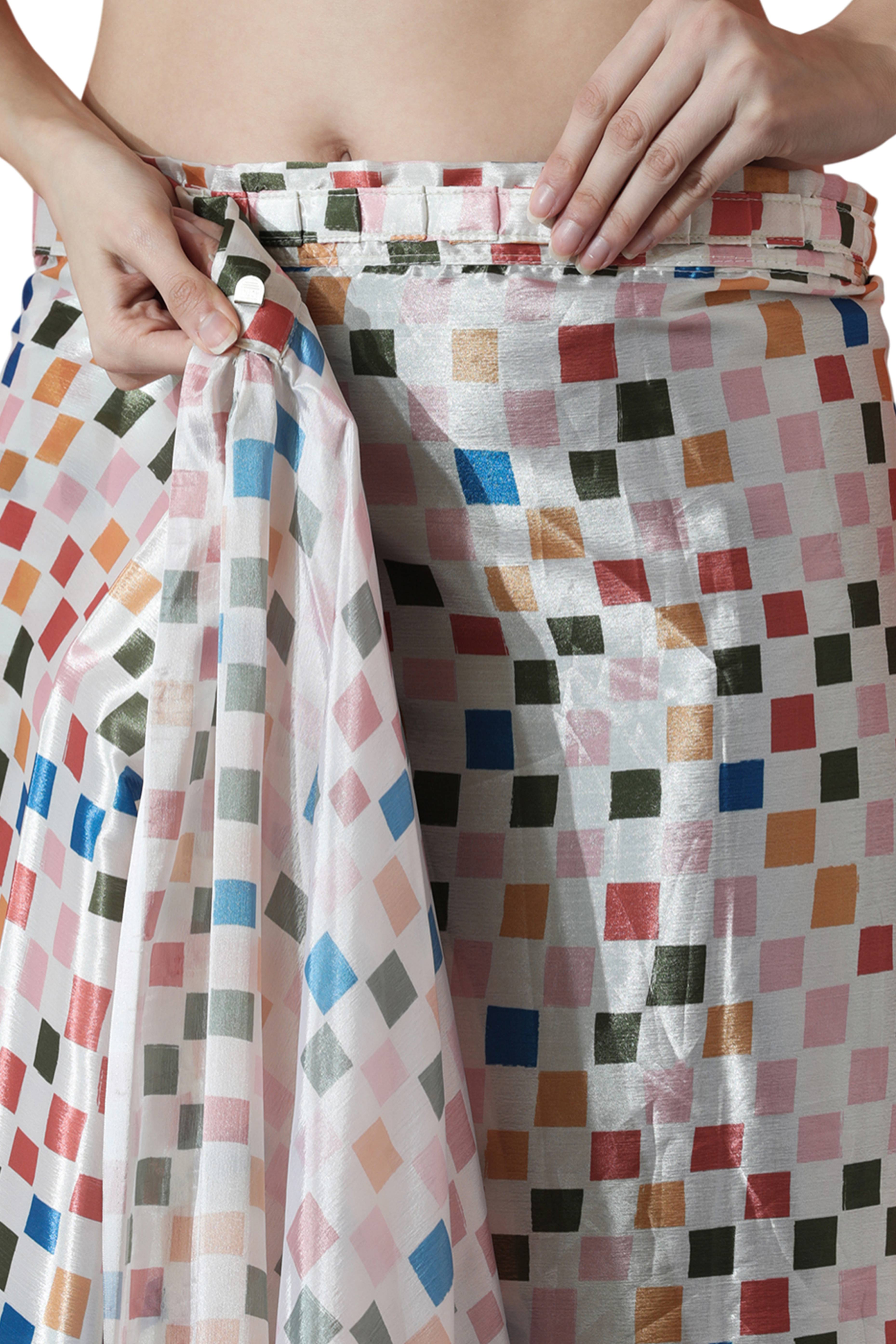 Multicolor Digital Printed With Delicate Lace Border Pallu Chinon Ready To Wear Saree