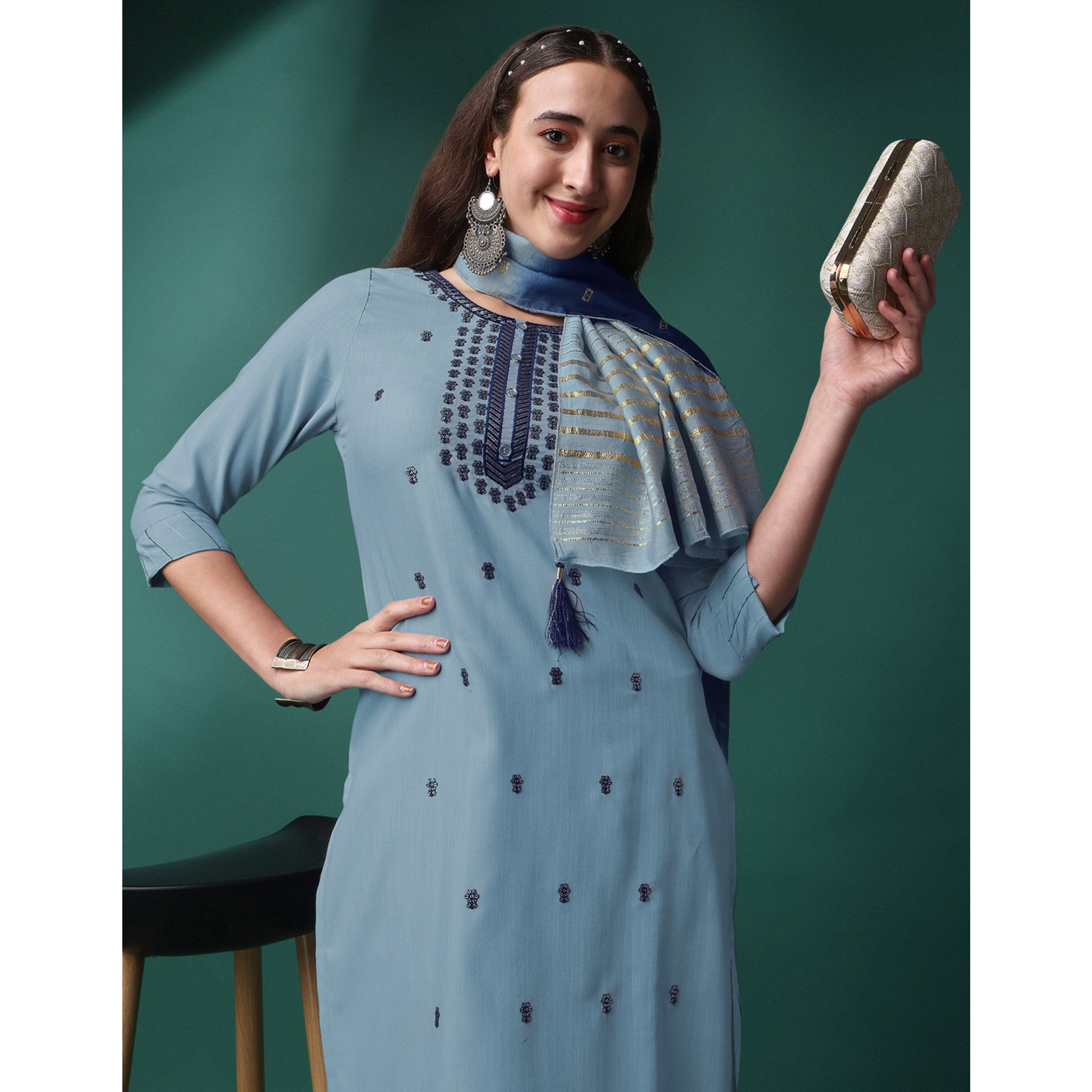 Grey Embroidered Rayon Kurti Sets