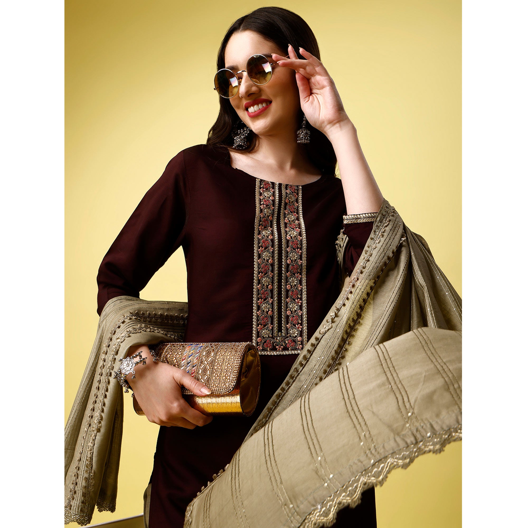 Maroon Embroidered Art Silk Kurti Sets