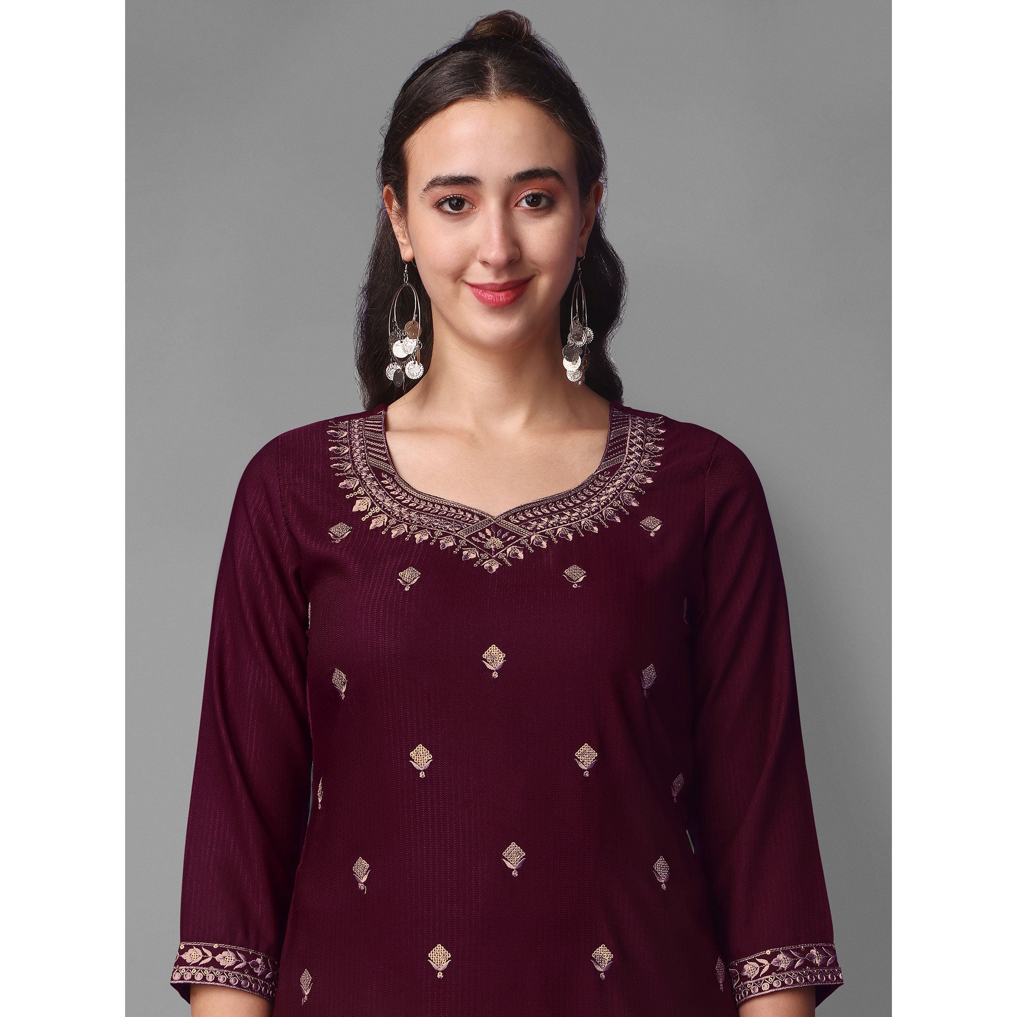 Wine Embroidered Rayon Kurti Sets