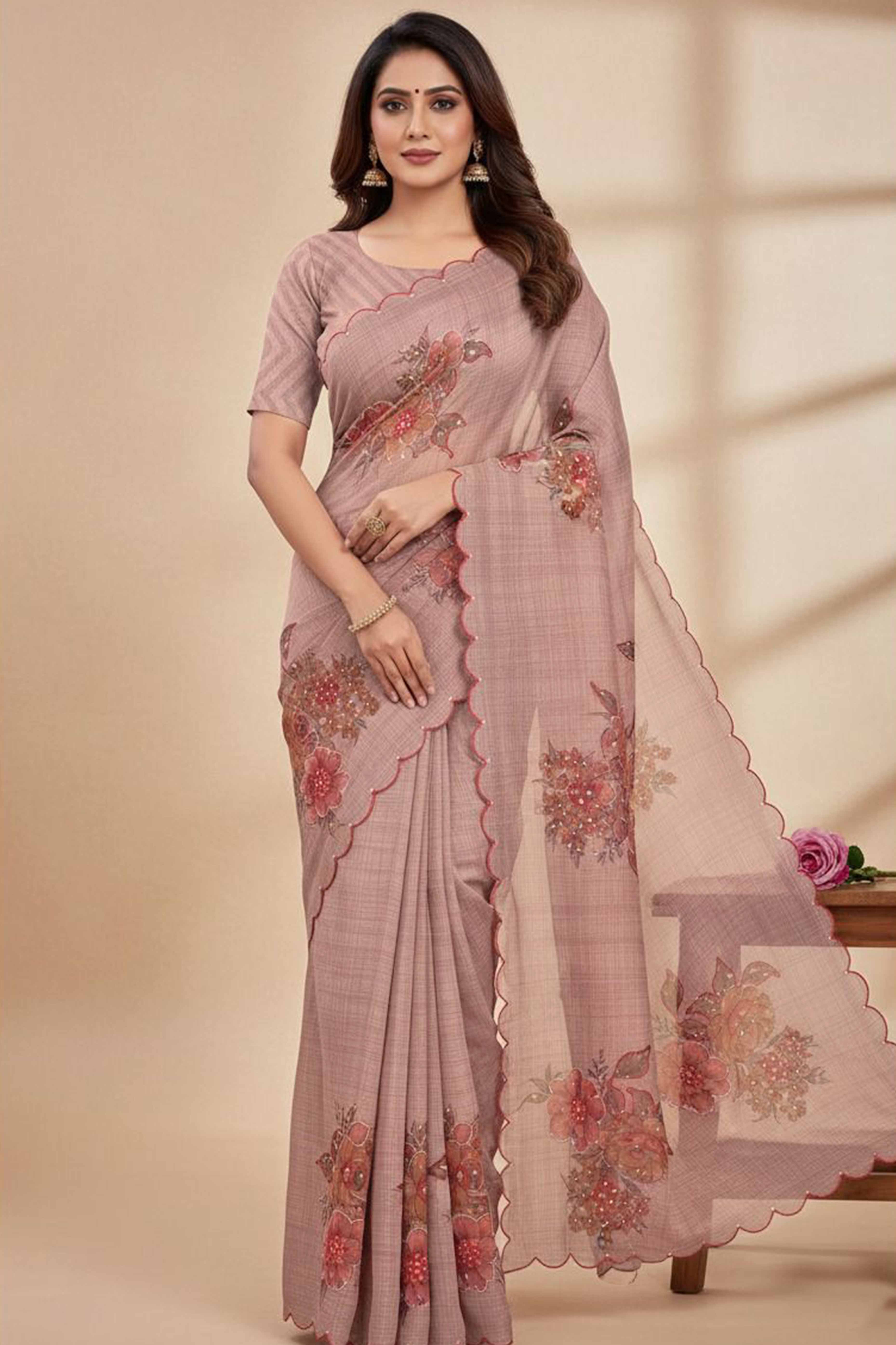 Designer Dusty Pink Tabby Organza Saree with Floral Patterns and Intricate Handcrafted Details