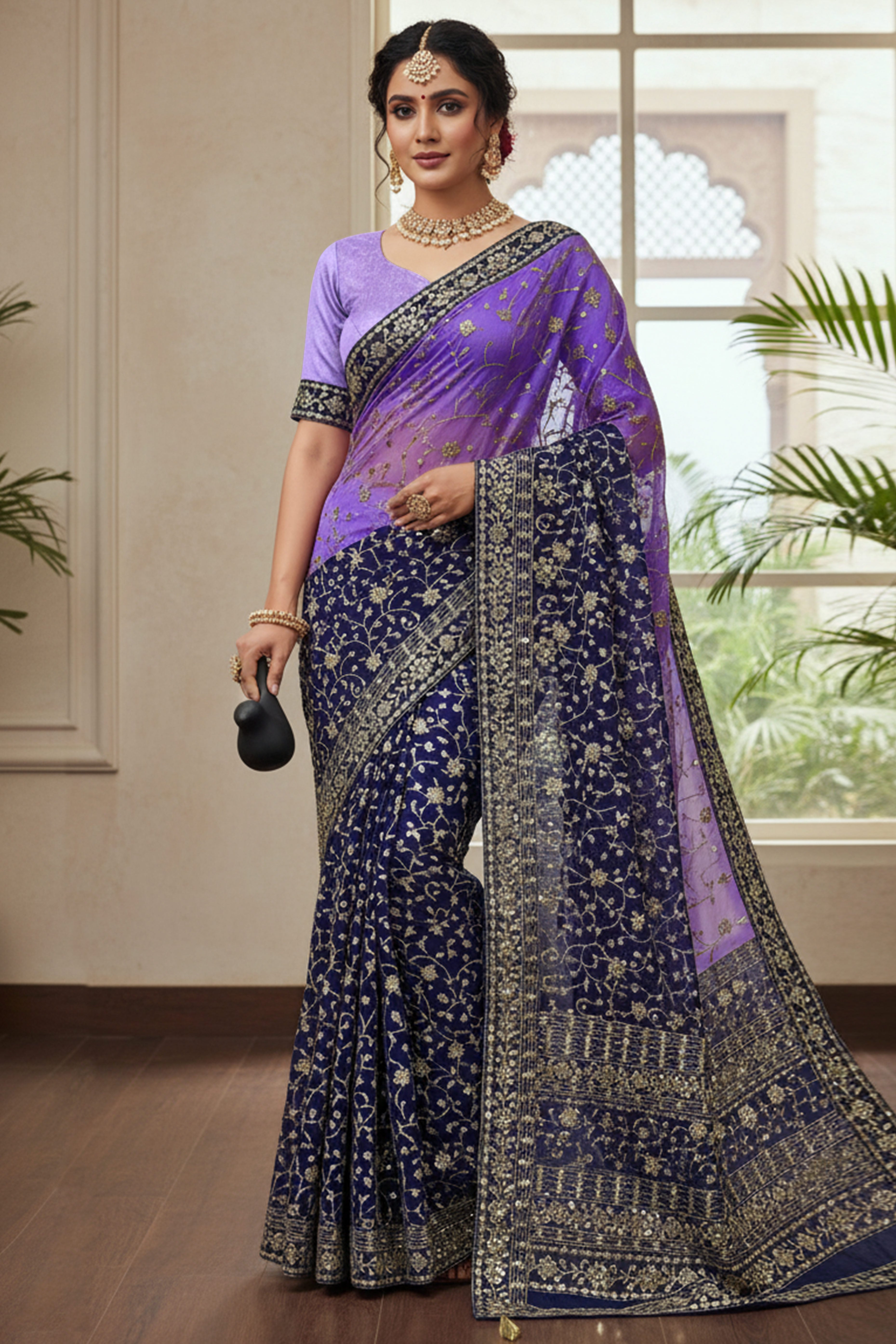 Beautiful Lavender Partywear Saree Crafted in Georgette with Sequins and Thread Work