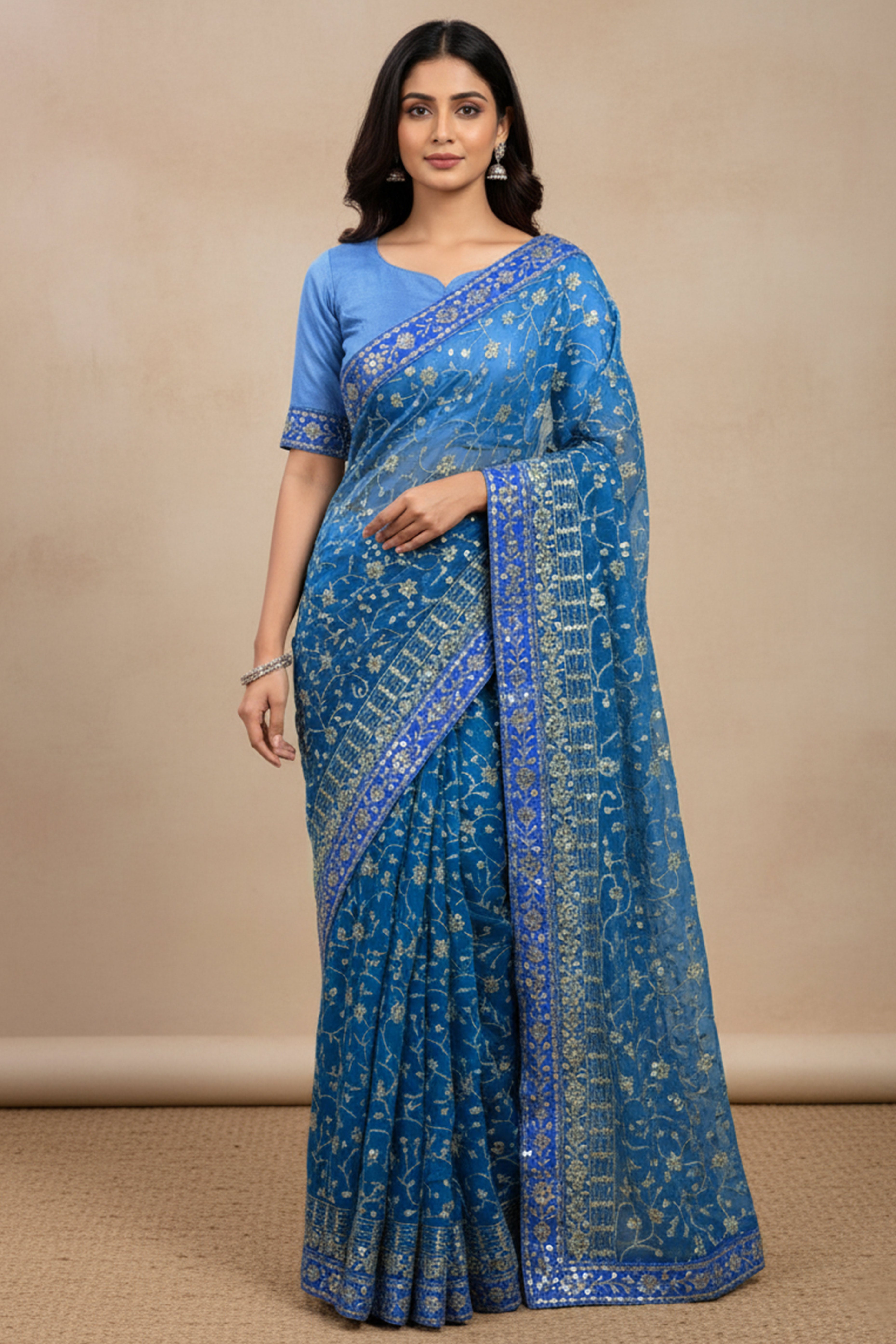 Beautiful Sky Blue Partywear Saree Crafted in Georgette with Sequins and Thread Work