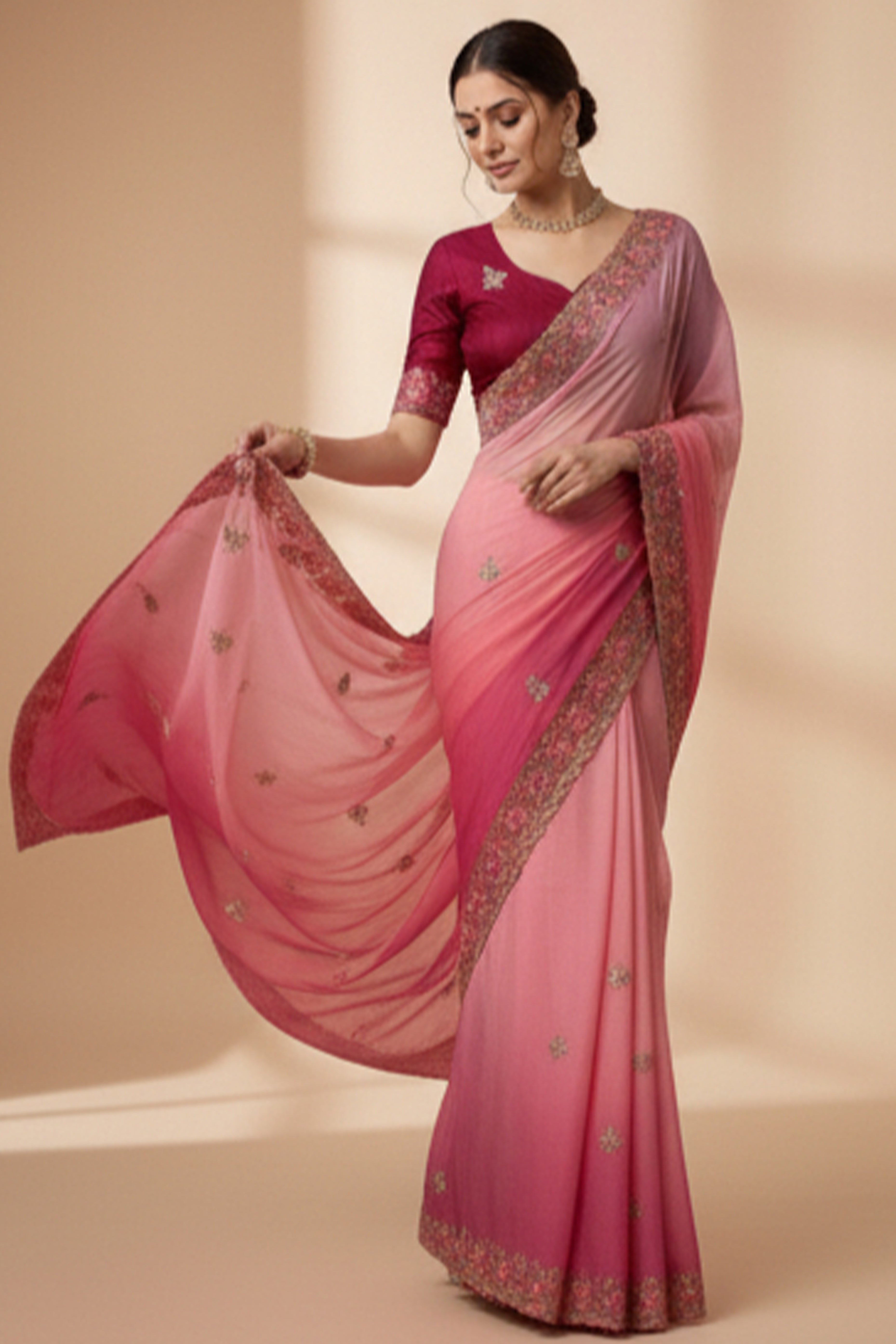 Radiant Pink Crunchy Ombre Saree Adorned with Floral Thread Embroidery & Sequins Work