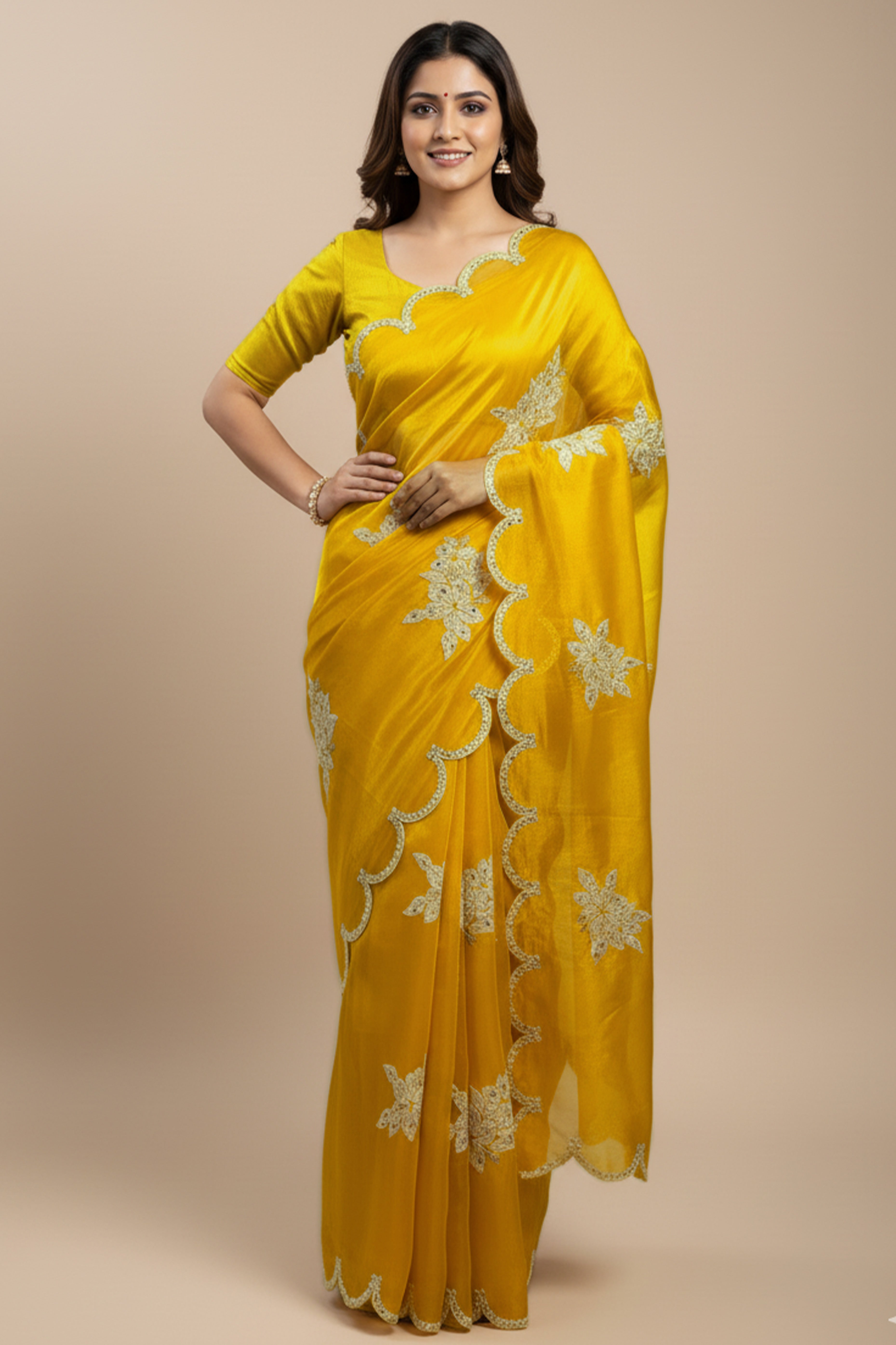 Captivating Yellow Floral Thread Embroidered Jimmy Choo Satin Saree With Gleaming Sequins Work
