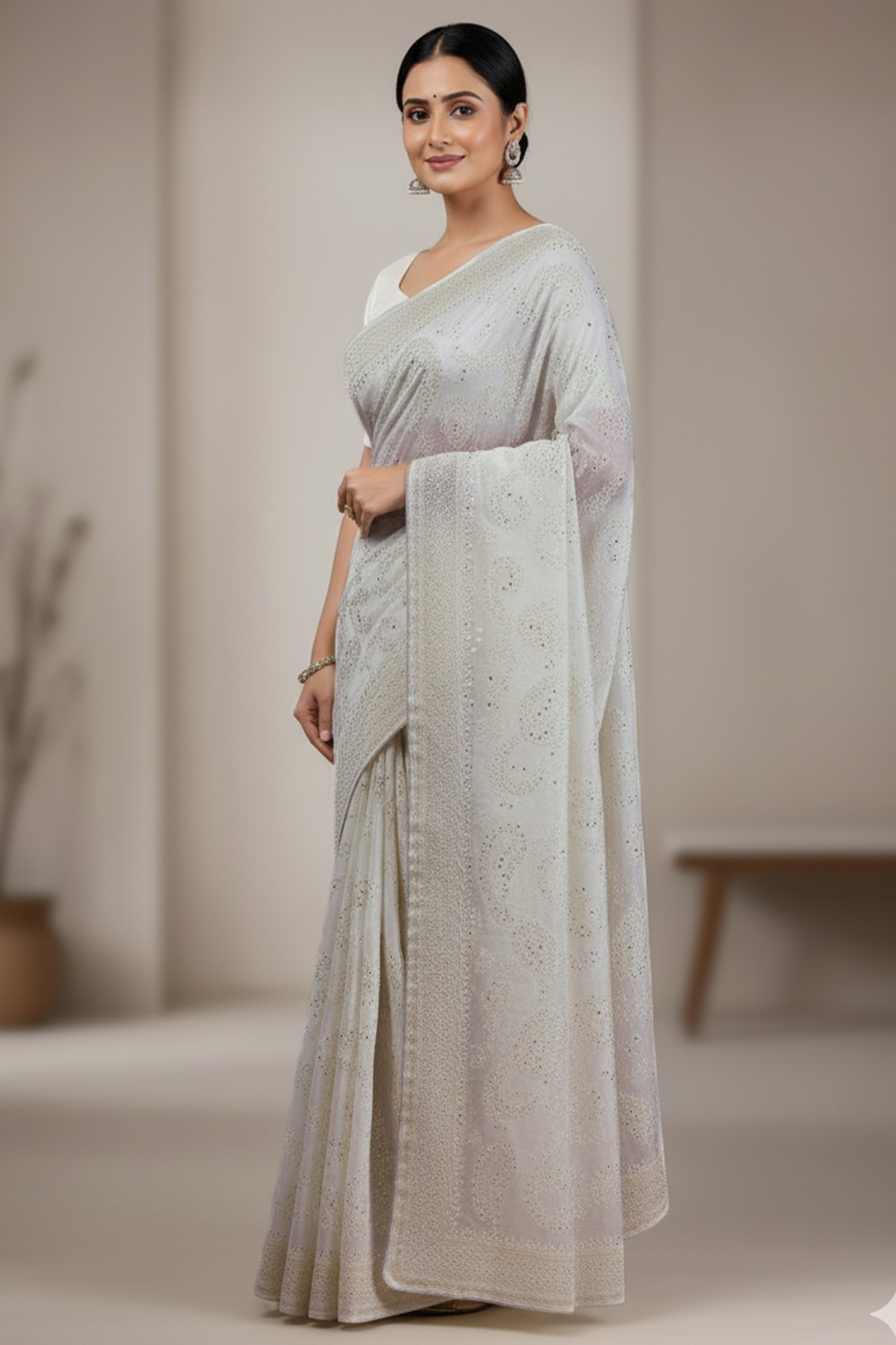Lustrous White Organza Silk Saree Beautified With Paisley Embroidery & Glittering Sequins Work