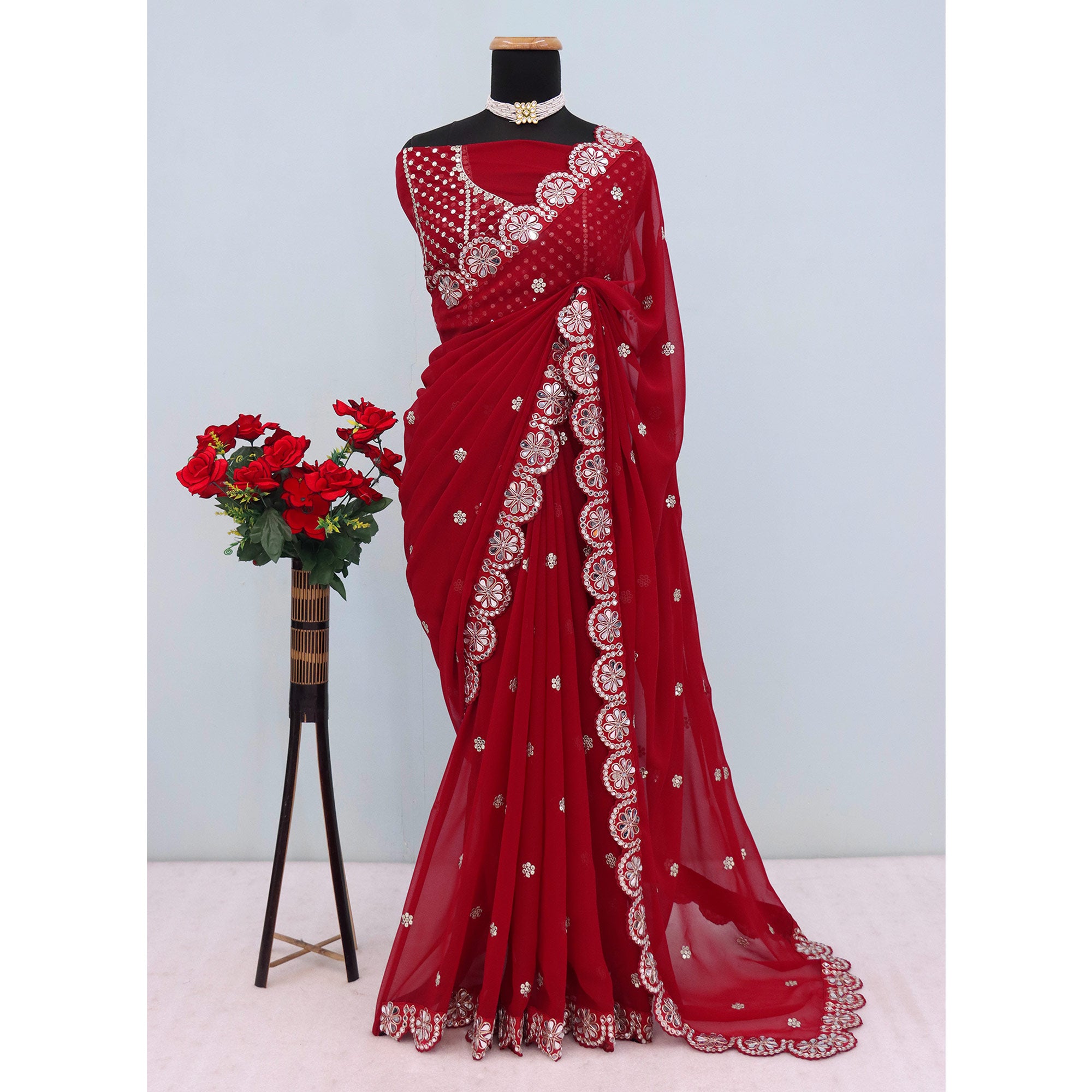Red Sequins Embellished Georgette Saree with Glamorous Party-Wear Finish