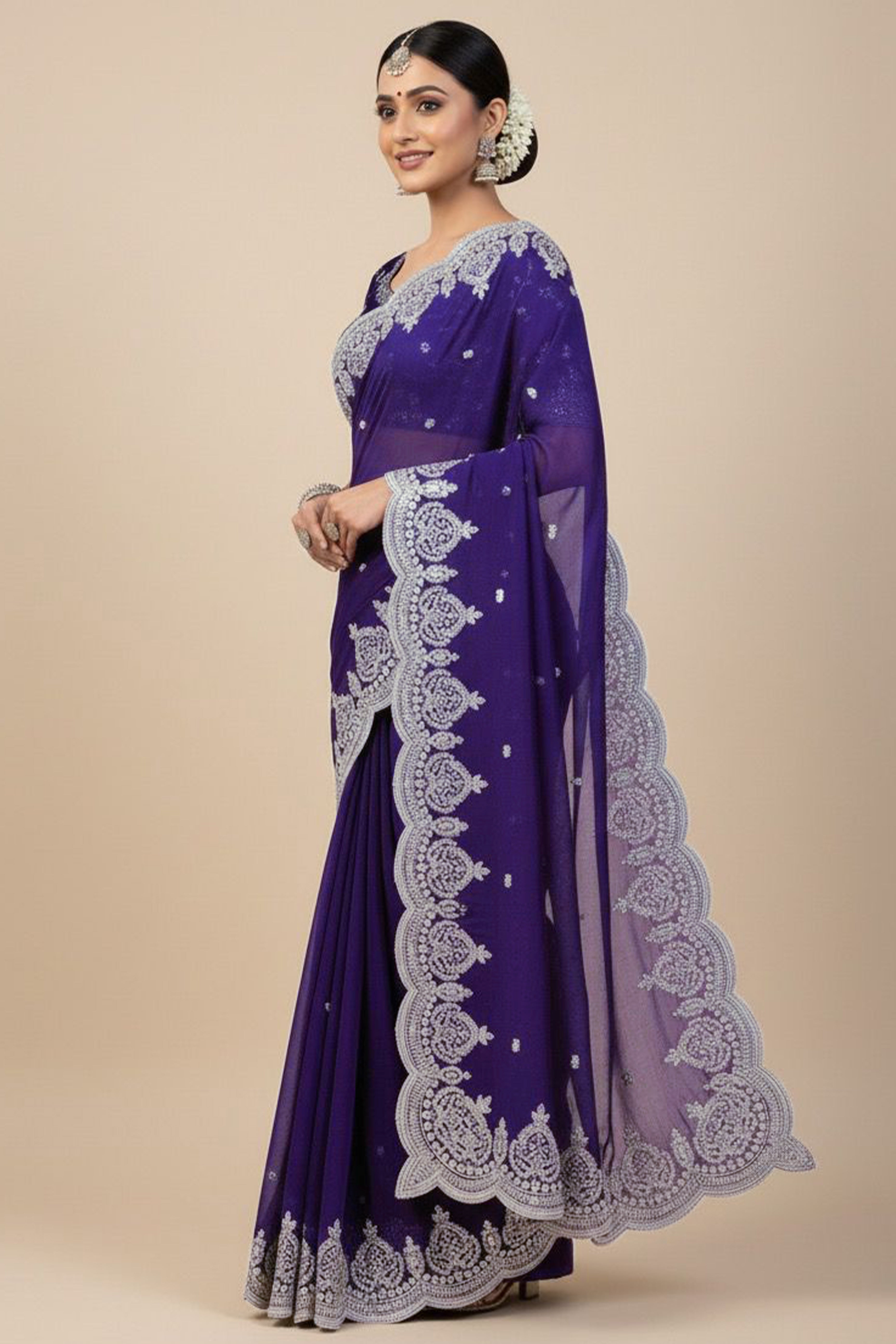 Designer Violet Fandy Satin Saree with All-Over Sequins Embellishments