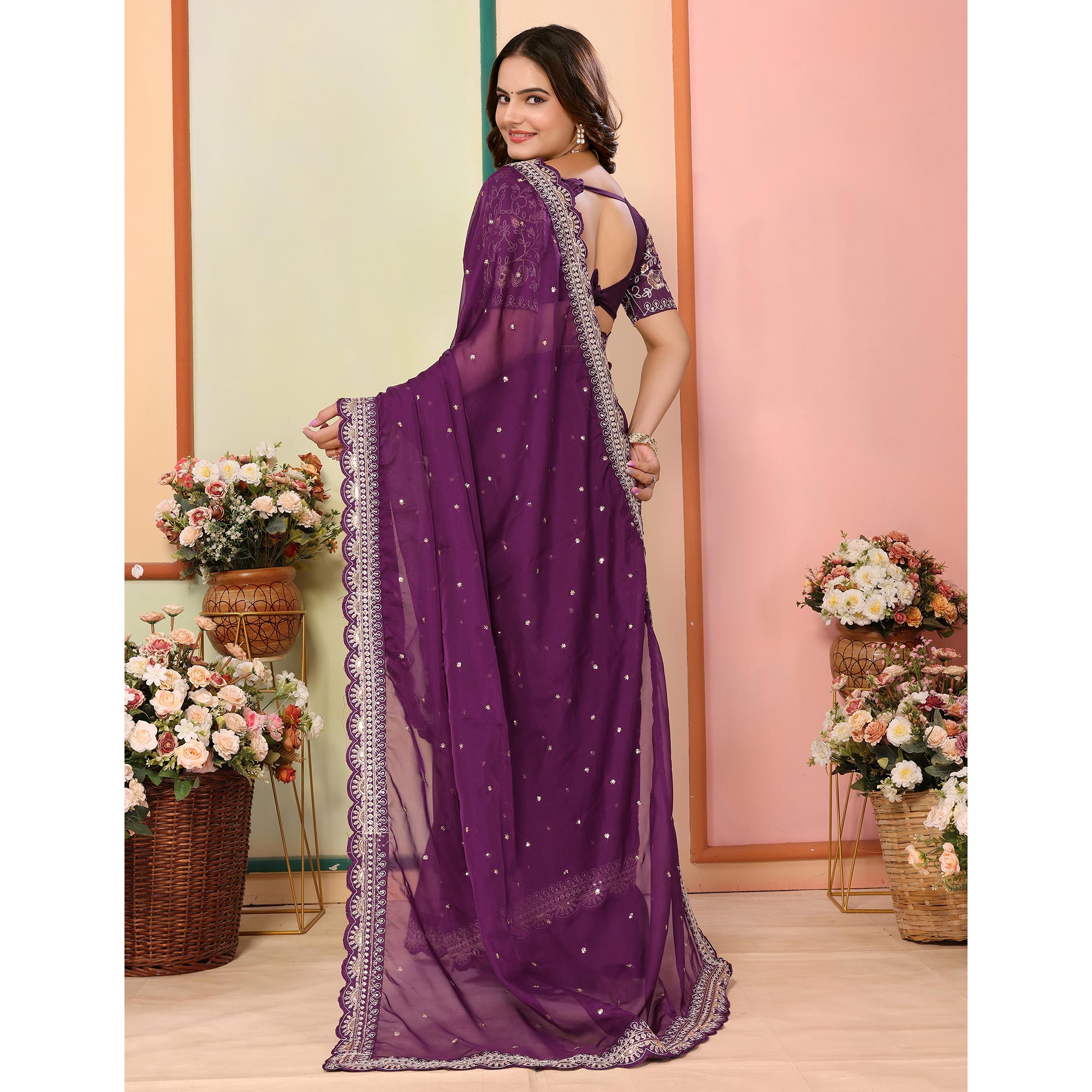 Purple Sequins Embroidered Embroidered Organza Saree