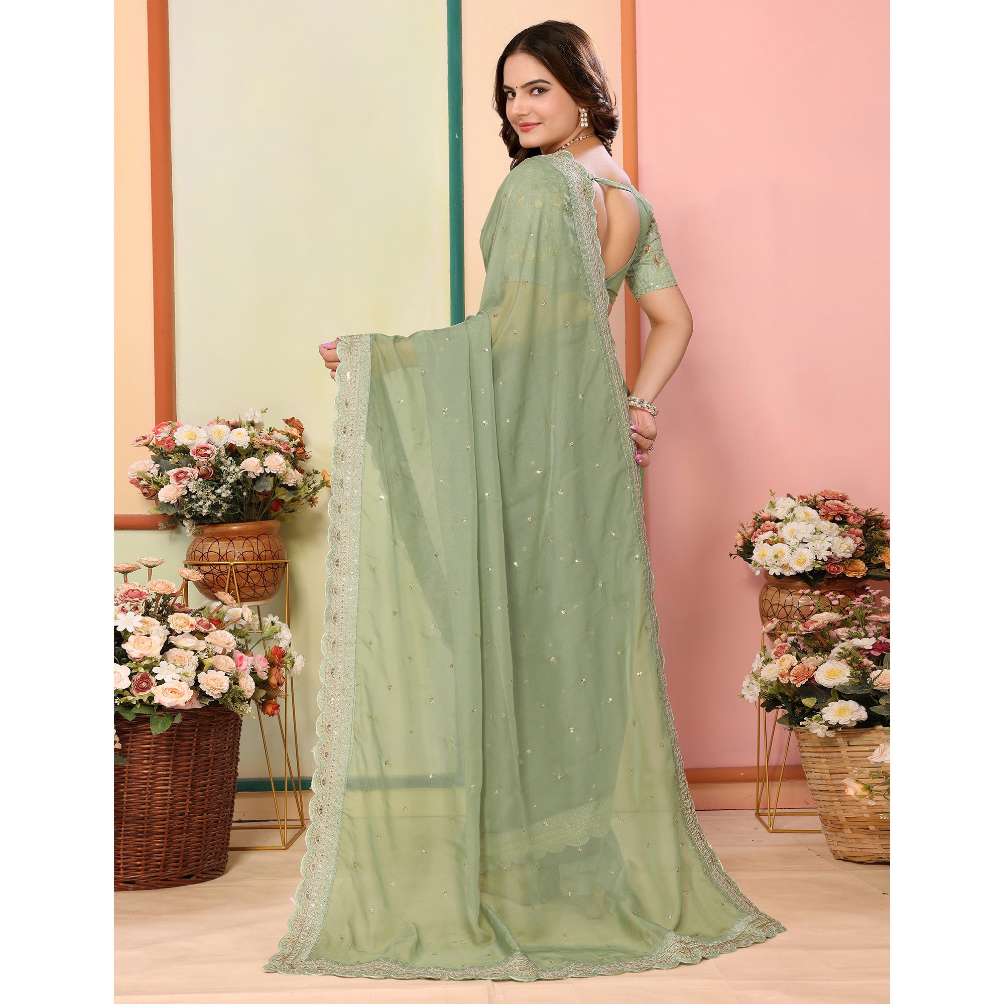 Green Sequins Embroidered Embroidered Organza Saree