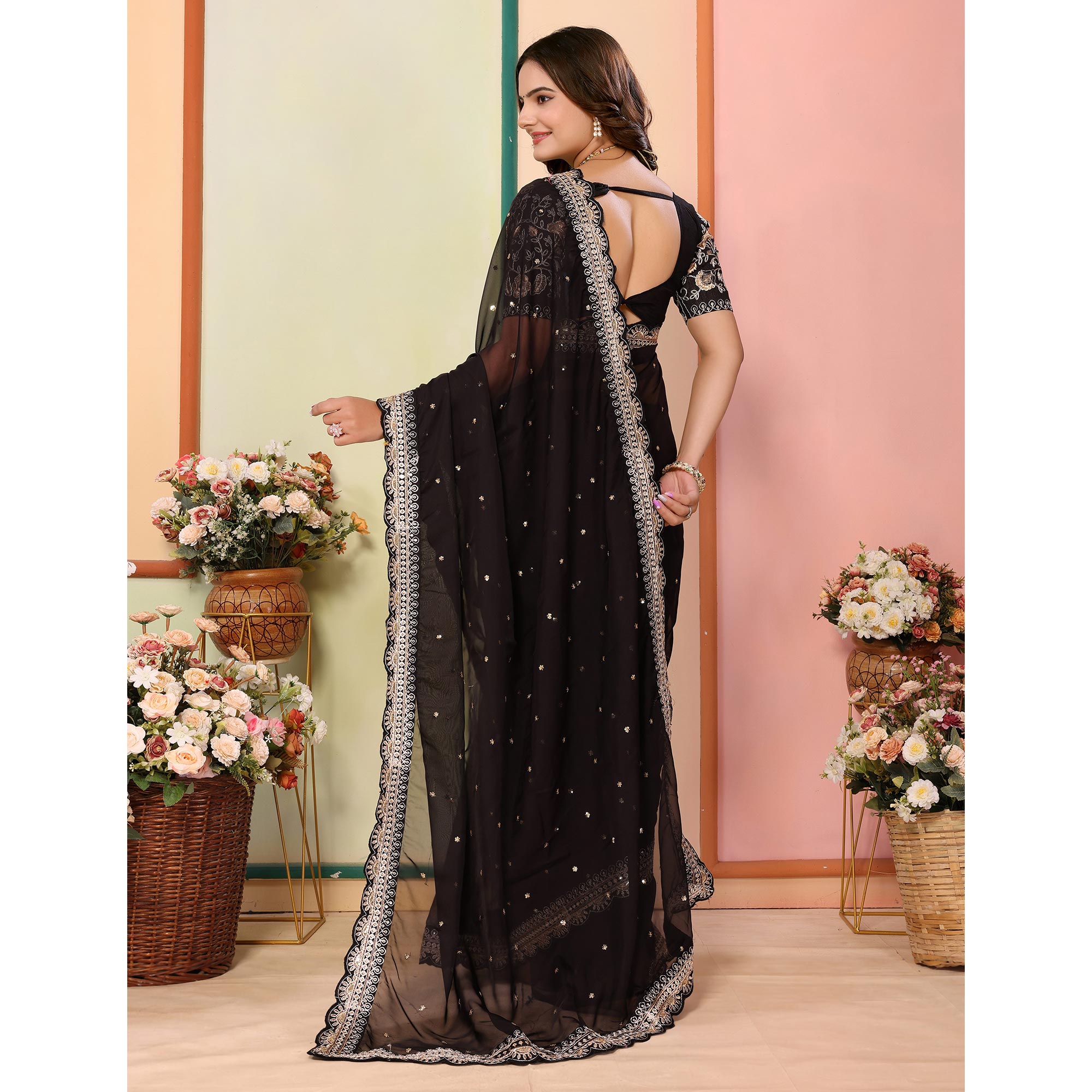 Black Sequins Embroidered Embroidered Organza Saree