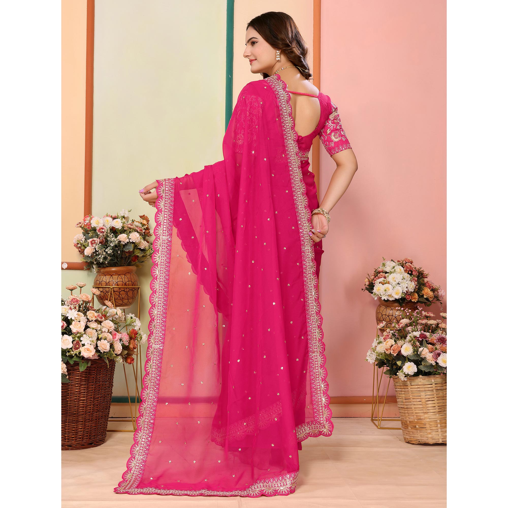 Rani Pink Sequins Embroidered Embroidered Organza Saree