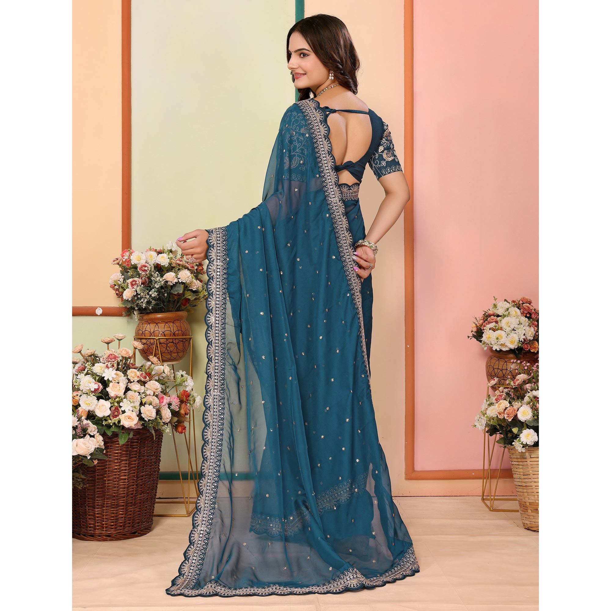 Blue Sequins Embroidered Embroidered Organza Saree