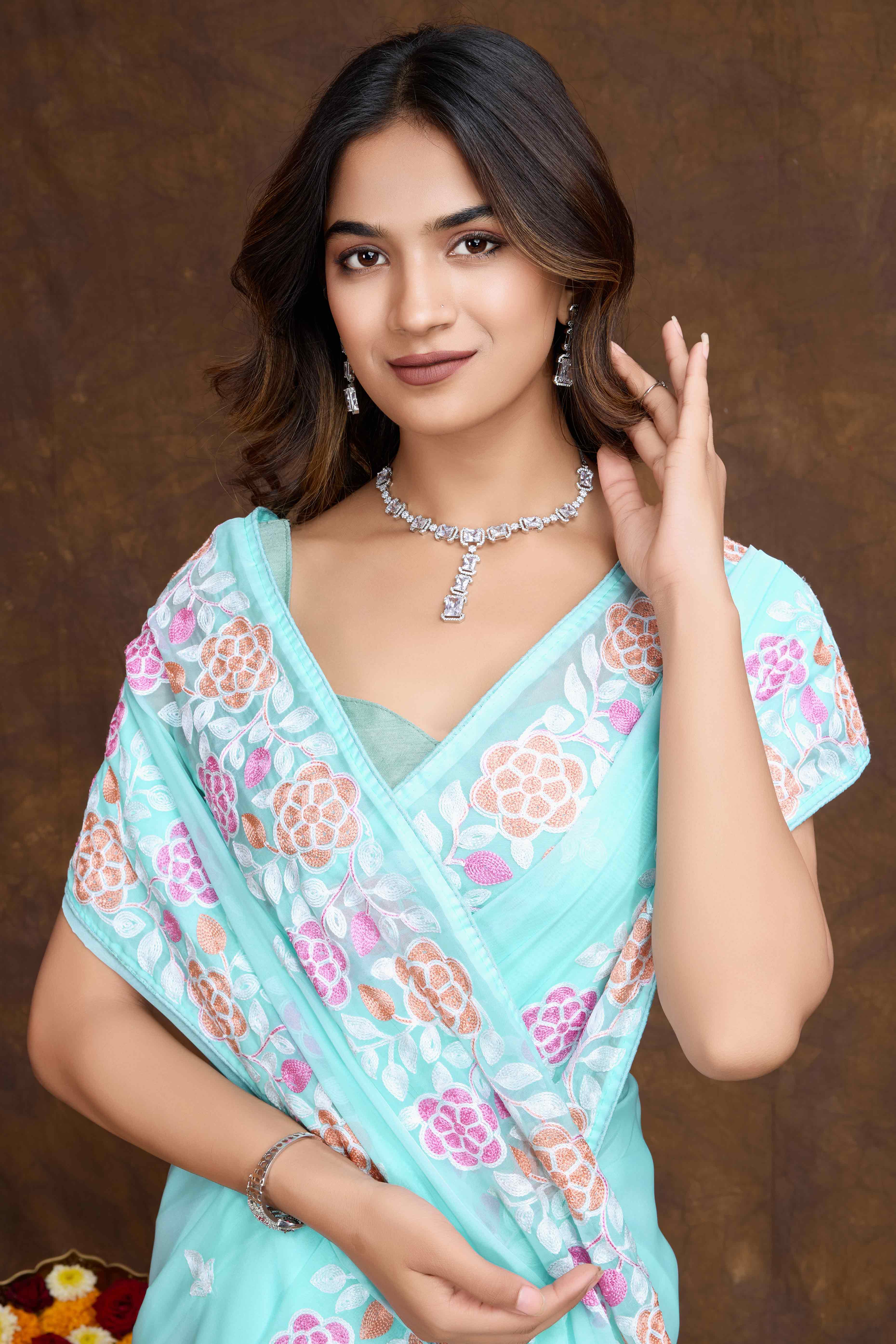 Blue Floral Sequins Embroidered Organza Silk Saree