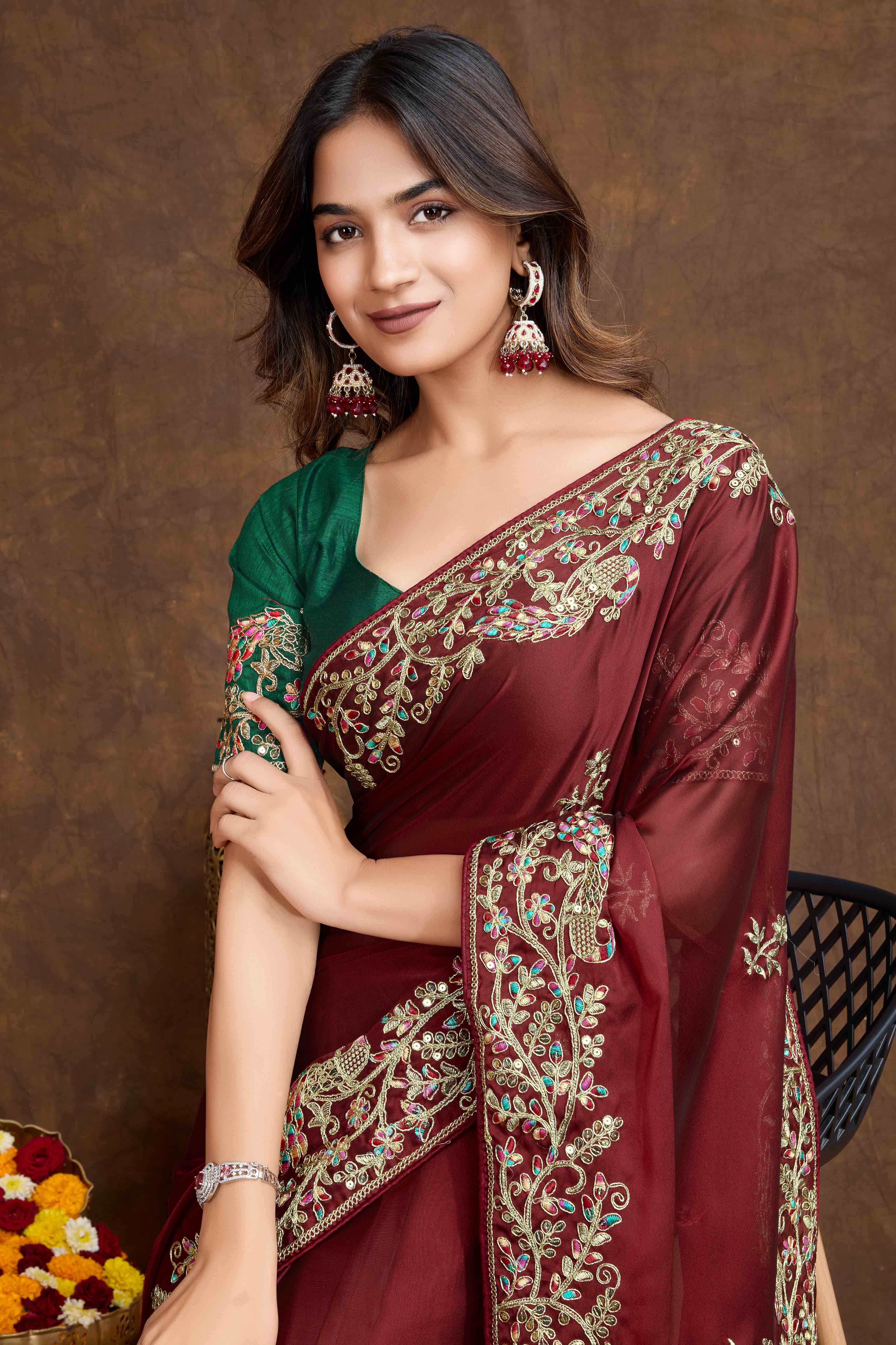 Maroon Floral Sequins Embroidered Vichitra Rangoli Silk Saree