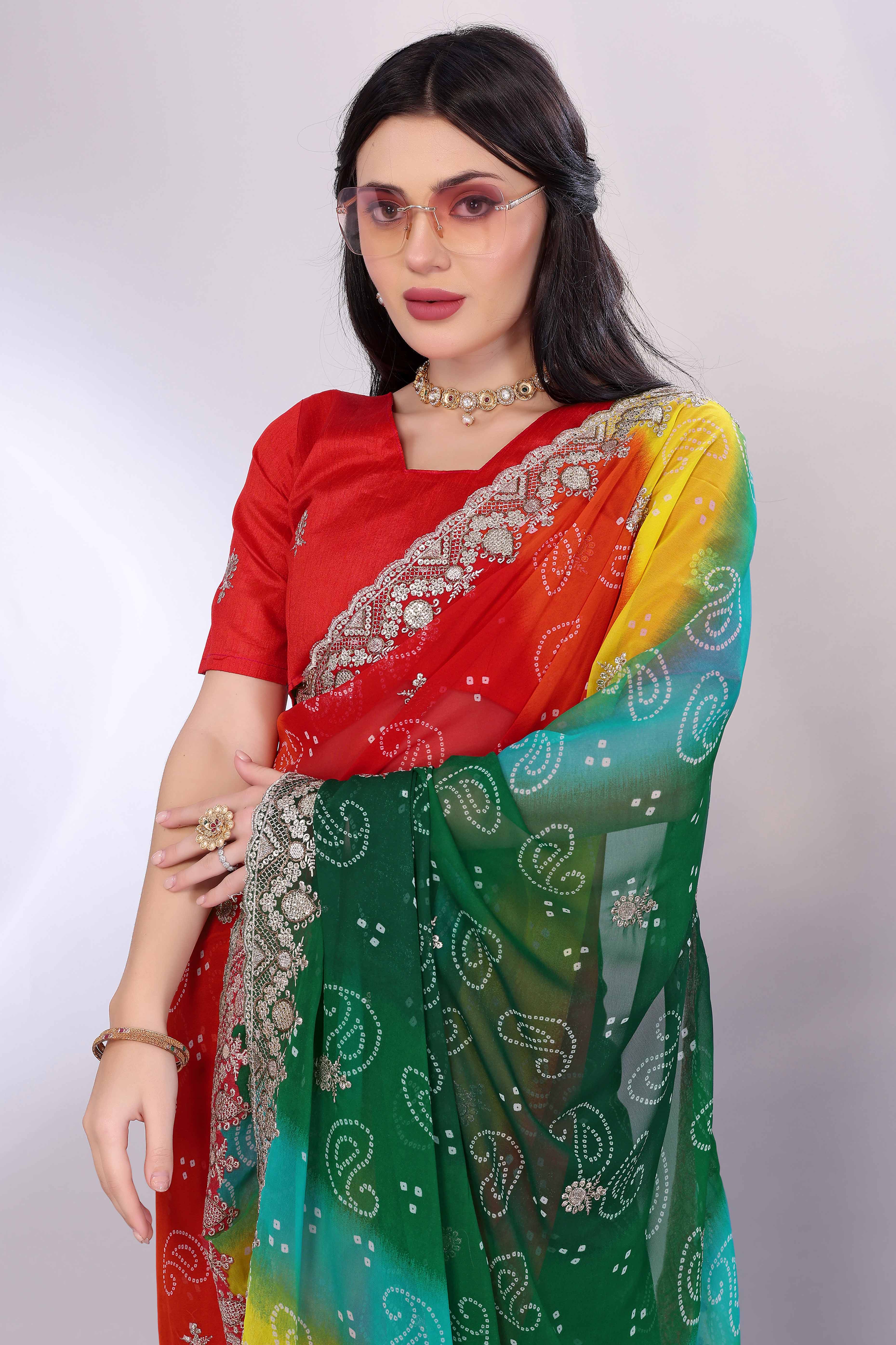 Multicolor Georgette Saree Showcasing Bandhani Print & Delicate Floral Sequins Embroidery