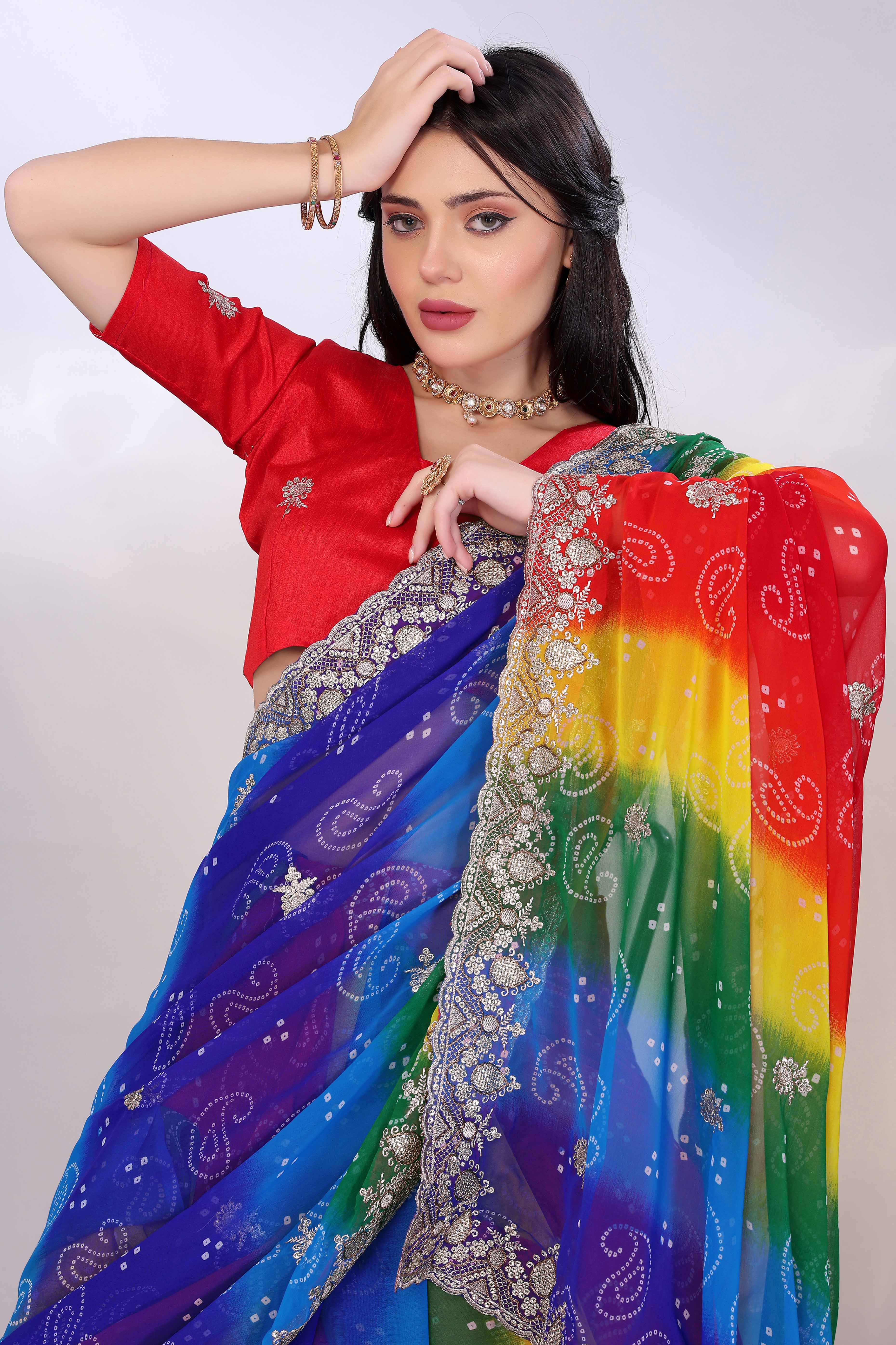 Multicolor Georgette Saree Showcasing Bandhani Print & Delicate Floral Sequins Embroidery
