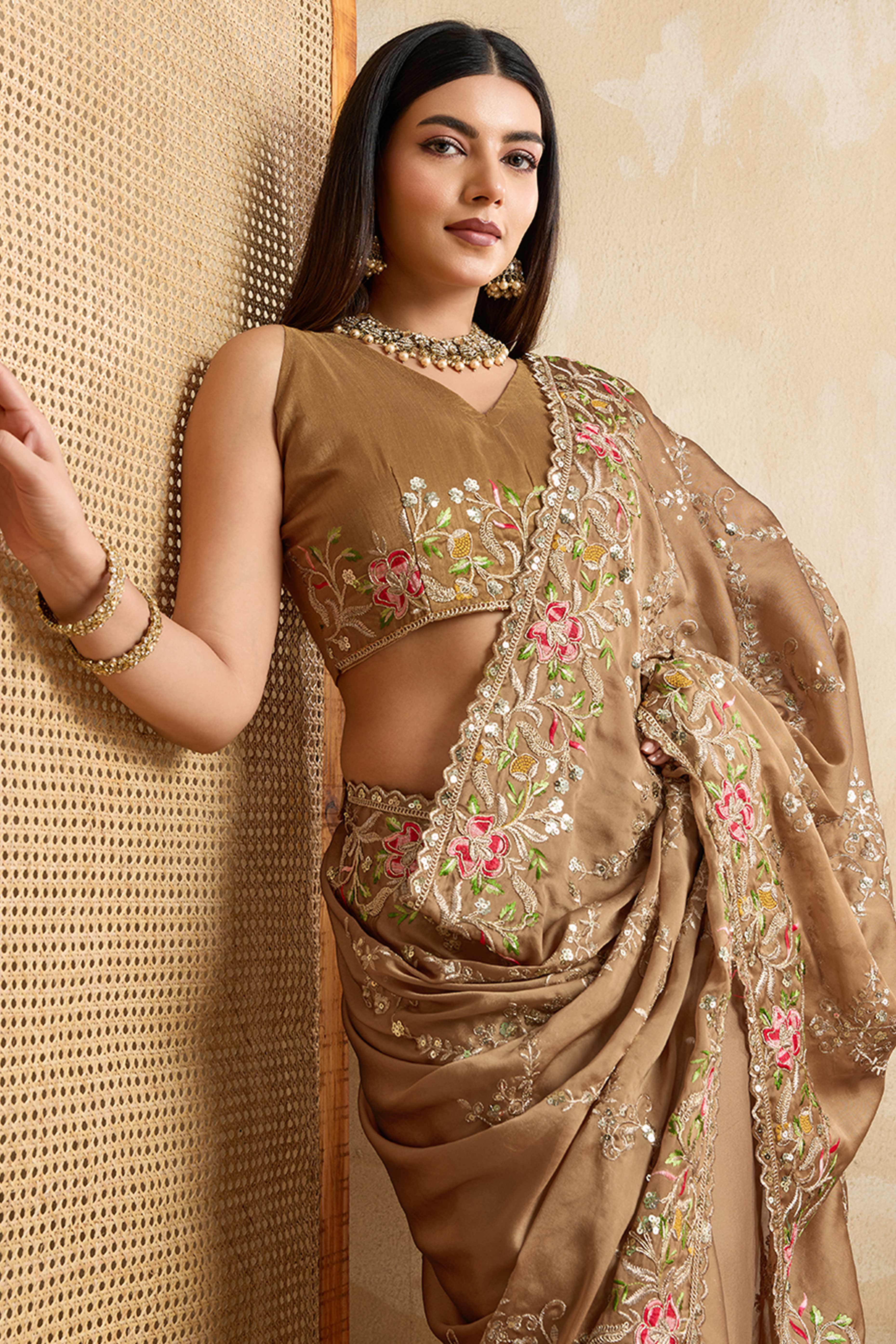 Brown Embroidered Art Silk Saree with Shimmering Sequin Highlights