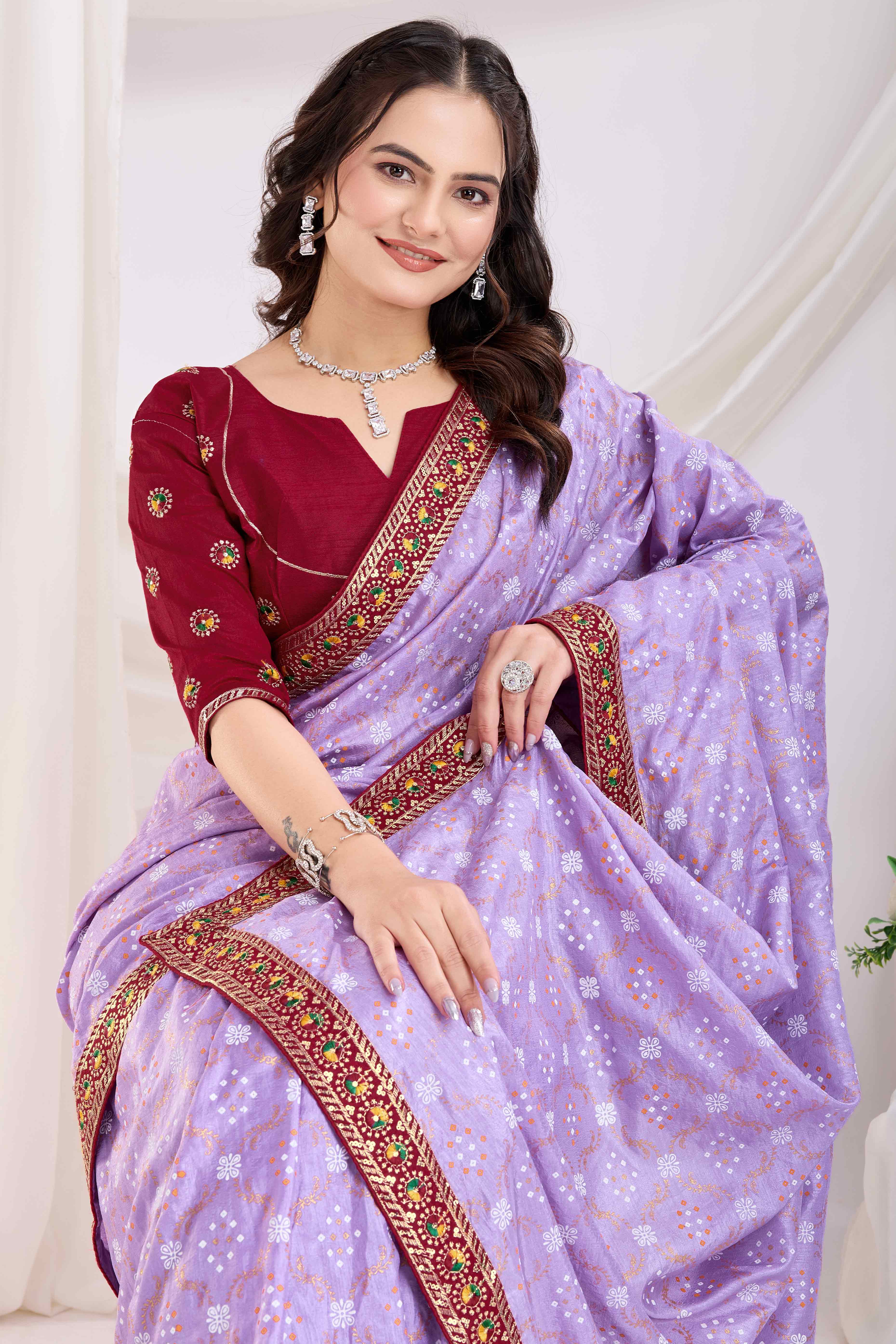Lavender Bandhani Printed Vichitra Silk Saree With Embroidery Border