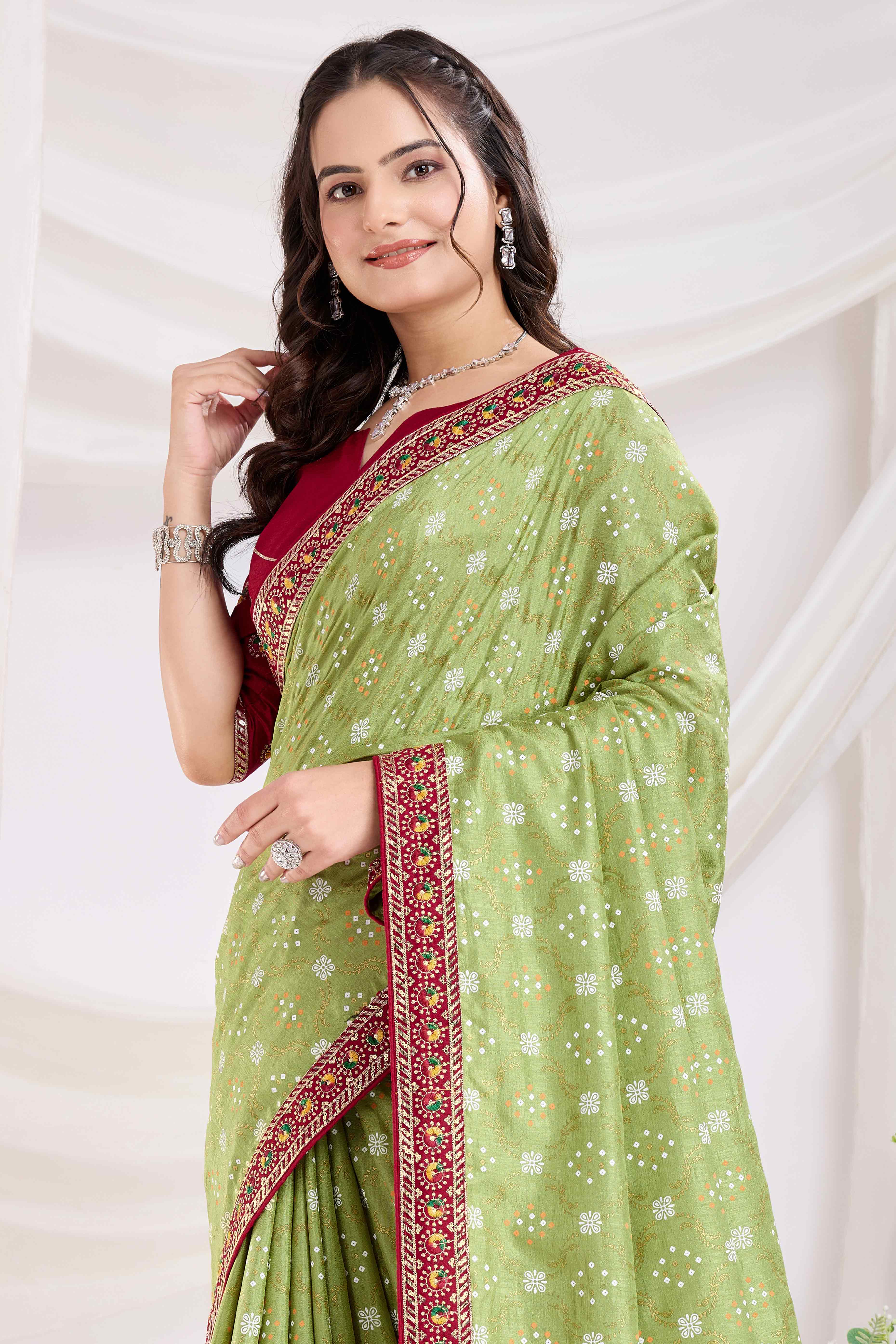 Green Bandhani Printed Vichitra Silk Saree With Embroidery Border