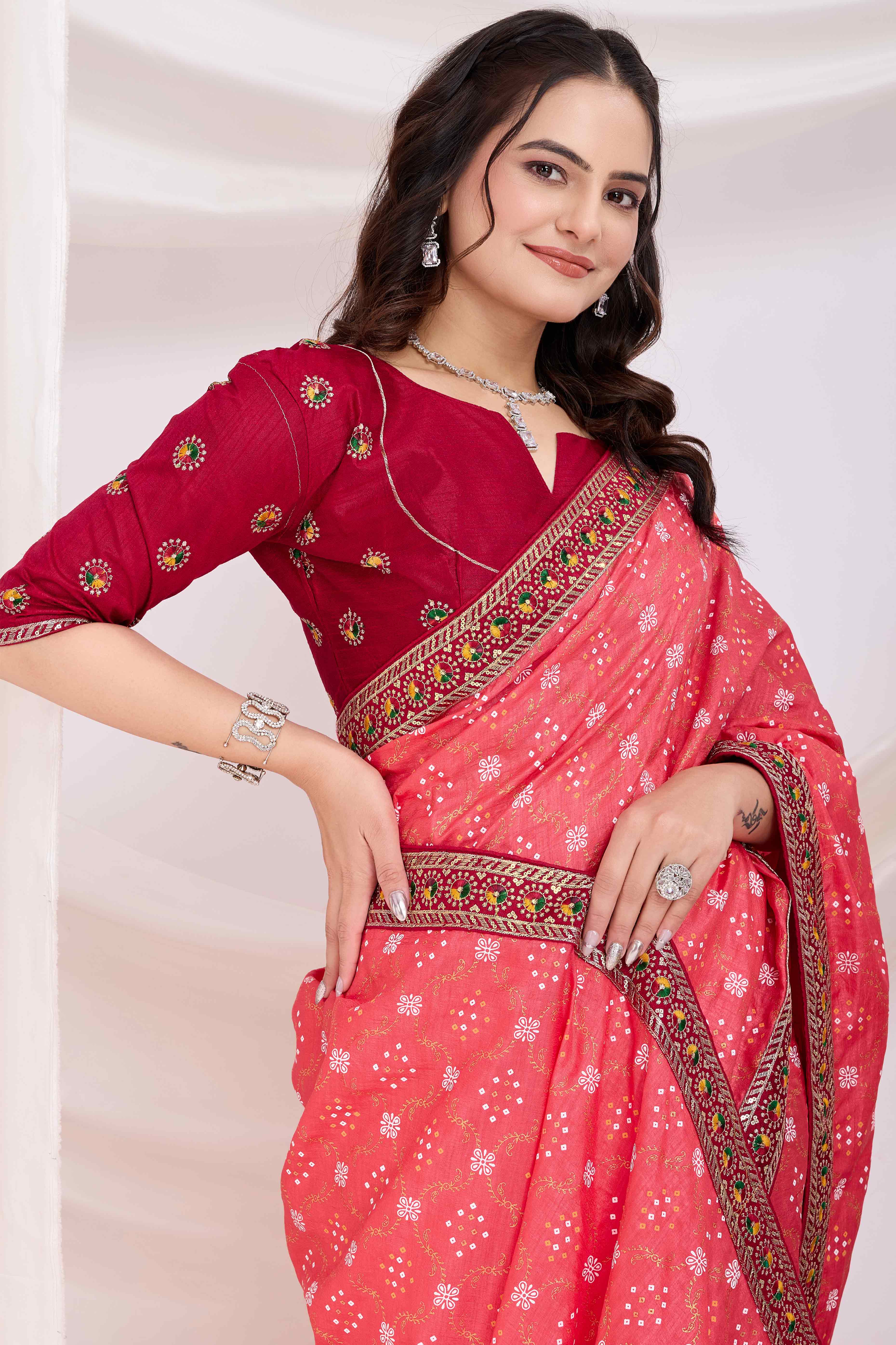 Gajari Pink Bandhani Printed Vichitra Silk Saree With Embroidery Border