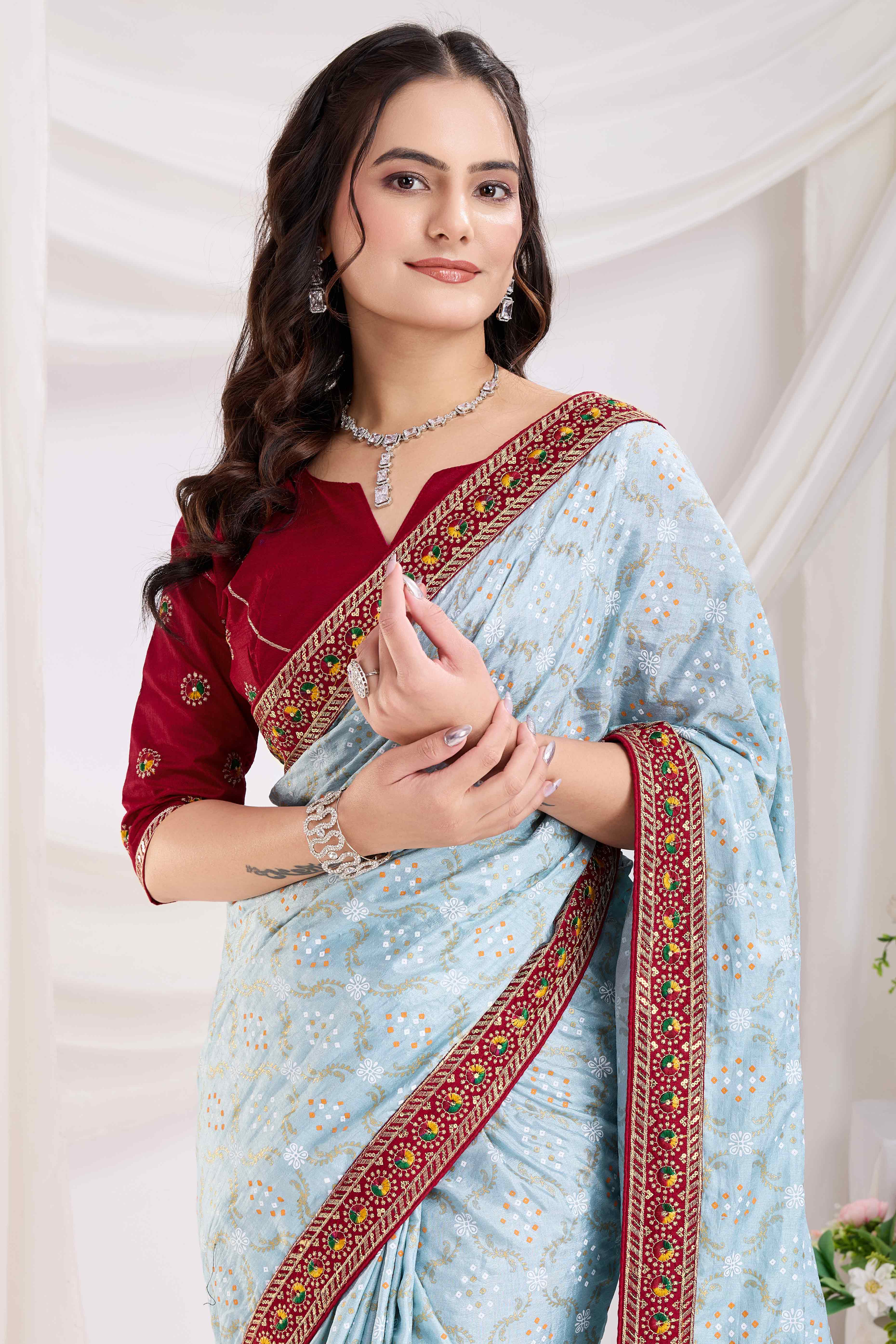 Light Blue Bandhani Printed Vichitra Silk Saree With Embroidery Border