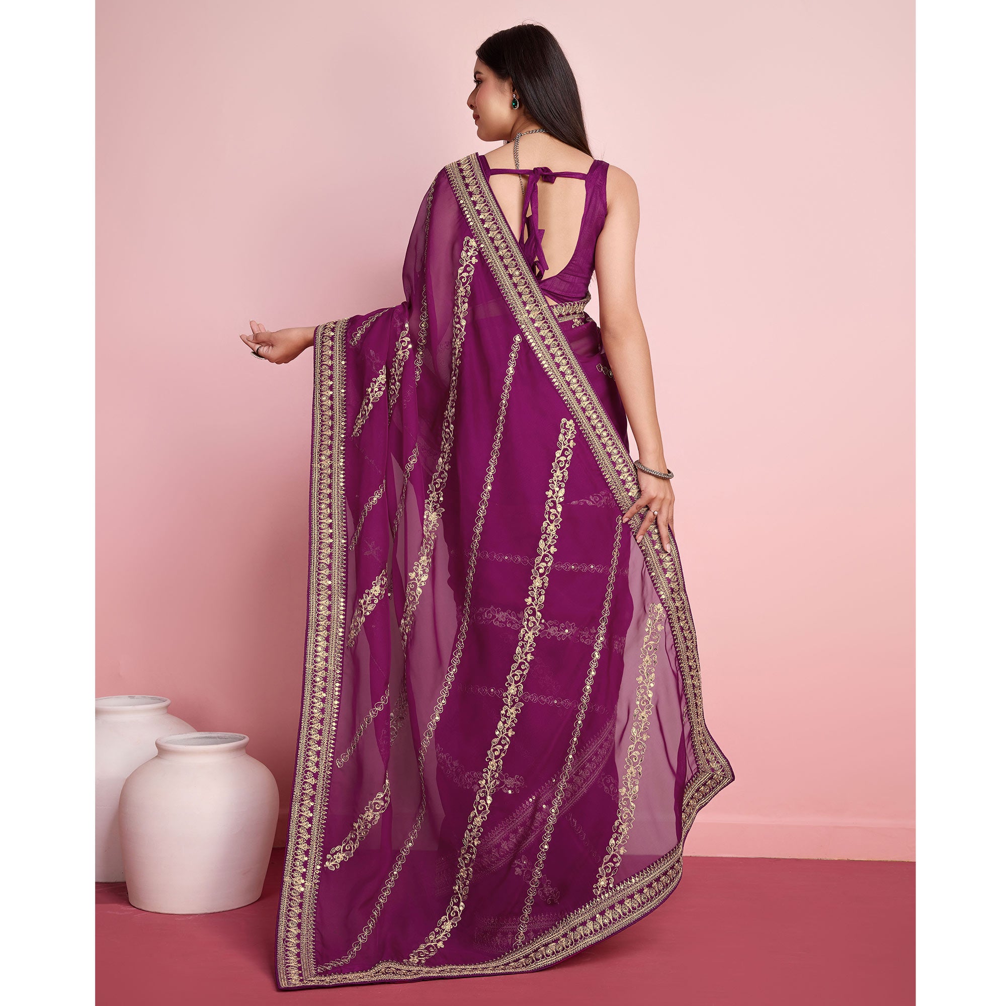 Purple Floral Sequins Embroidered Organza Saree