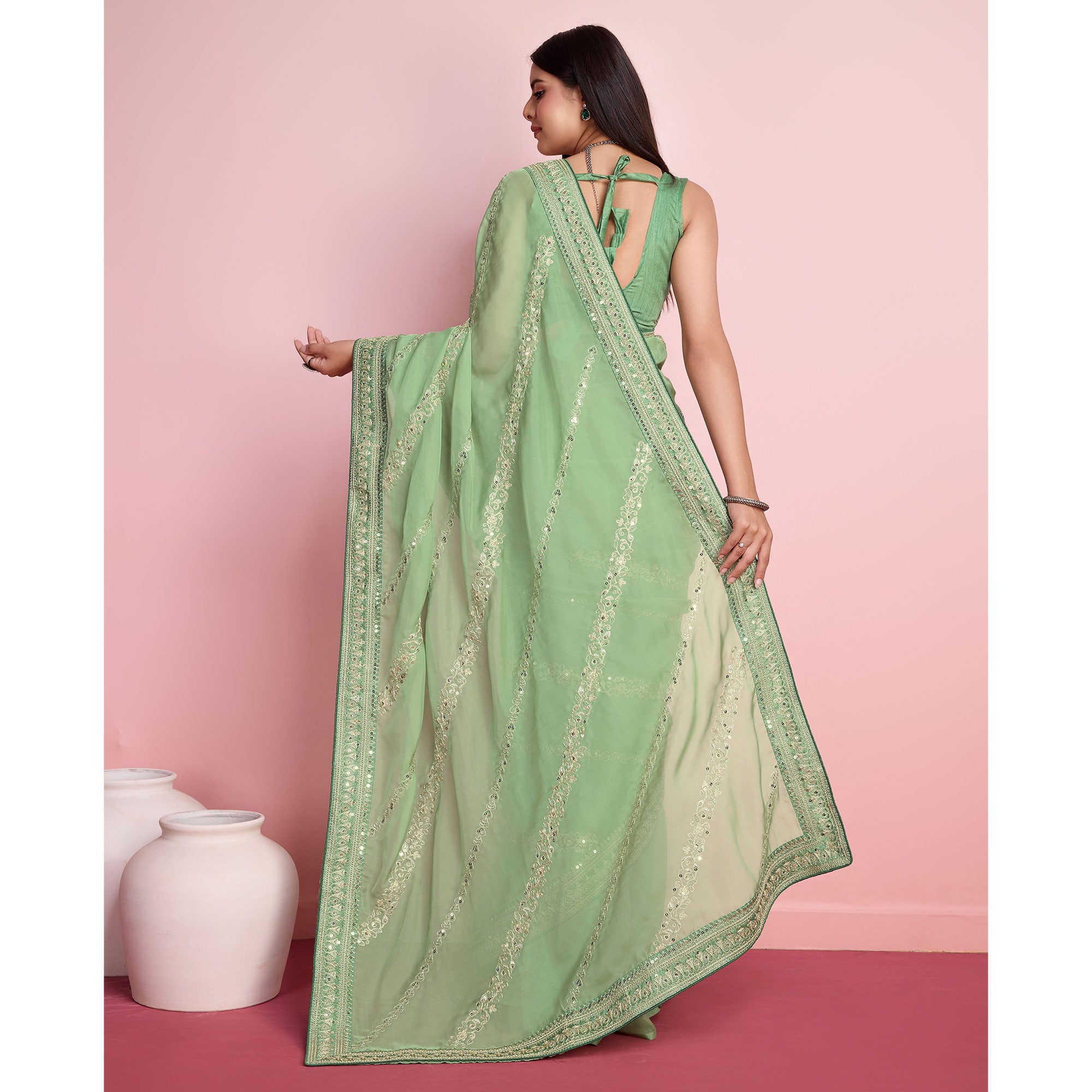 Green Floral Sequins Embroidered Organza Saree
