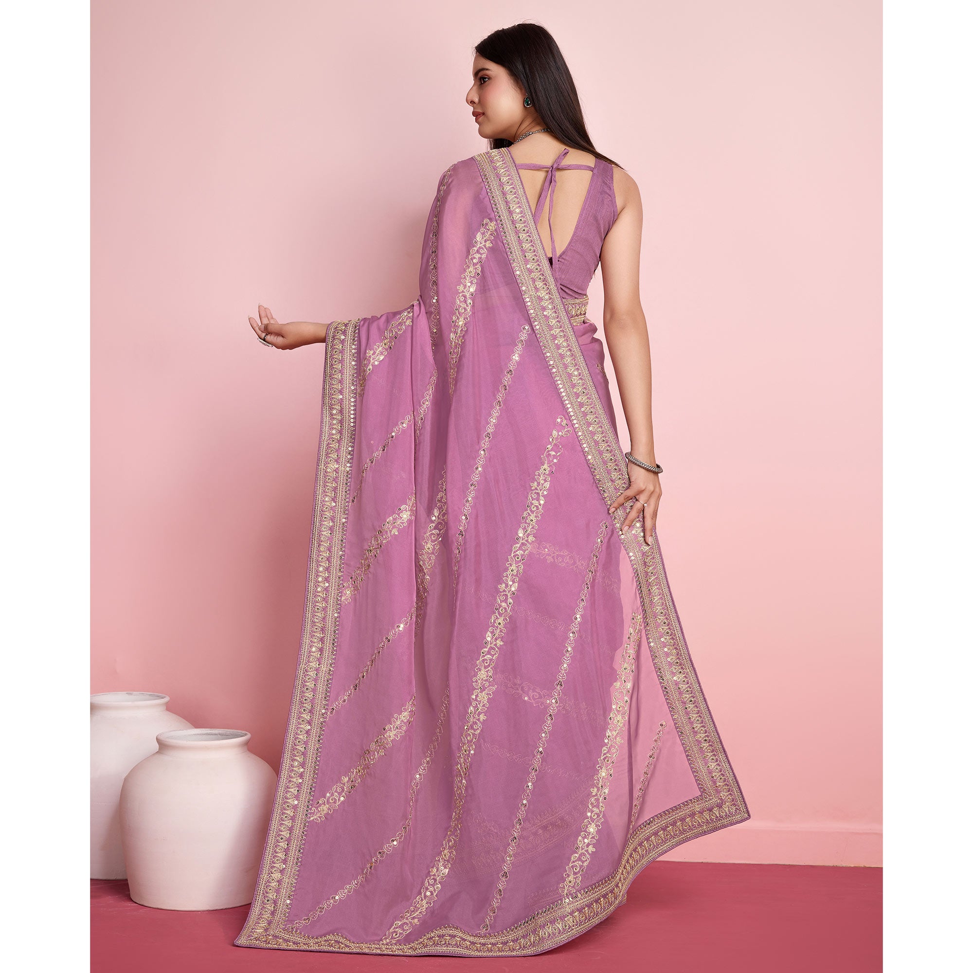 Pink Floral Sequins Embroidered Organza Saree