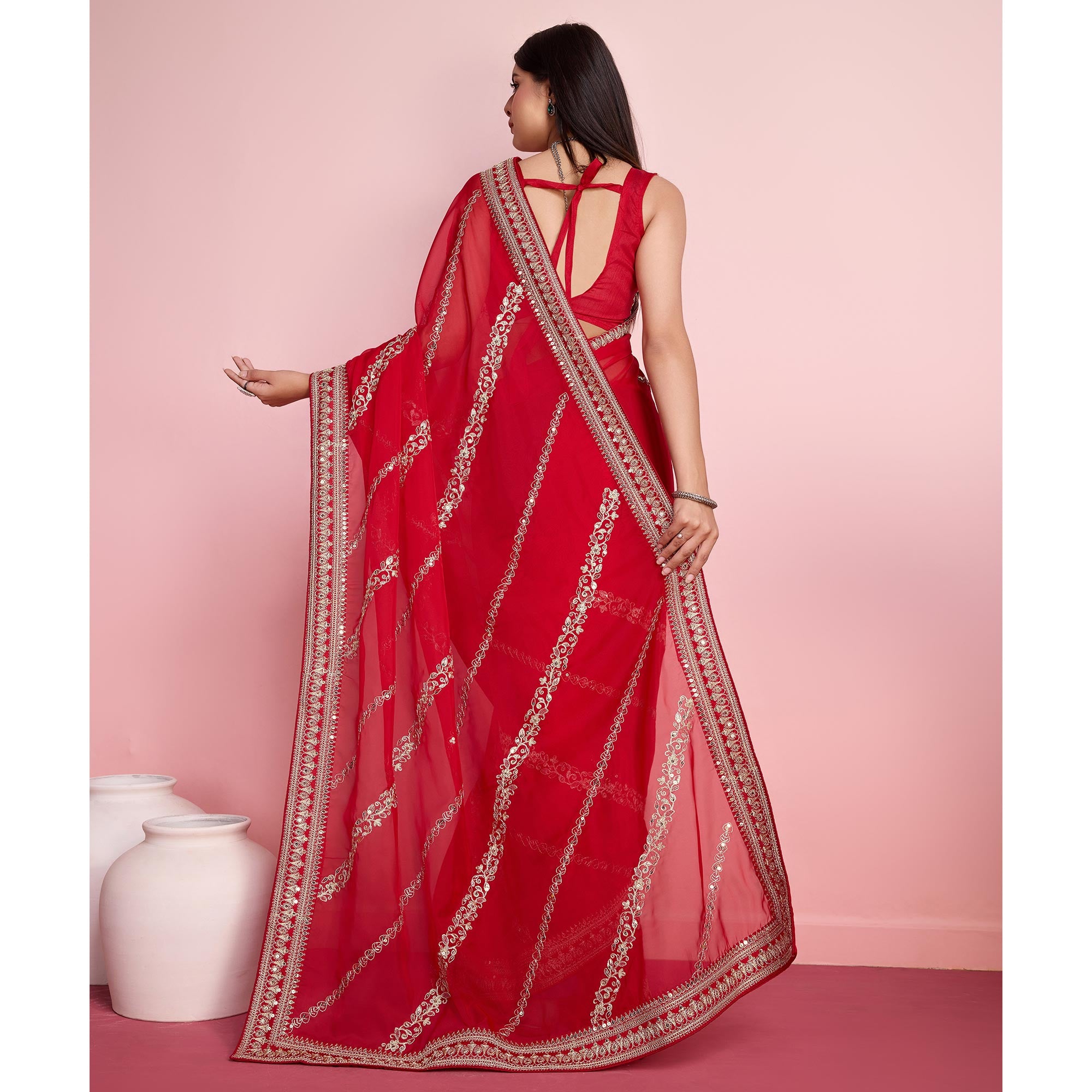 Red Floral Sequins Embroidered Organza Saree