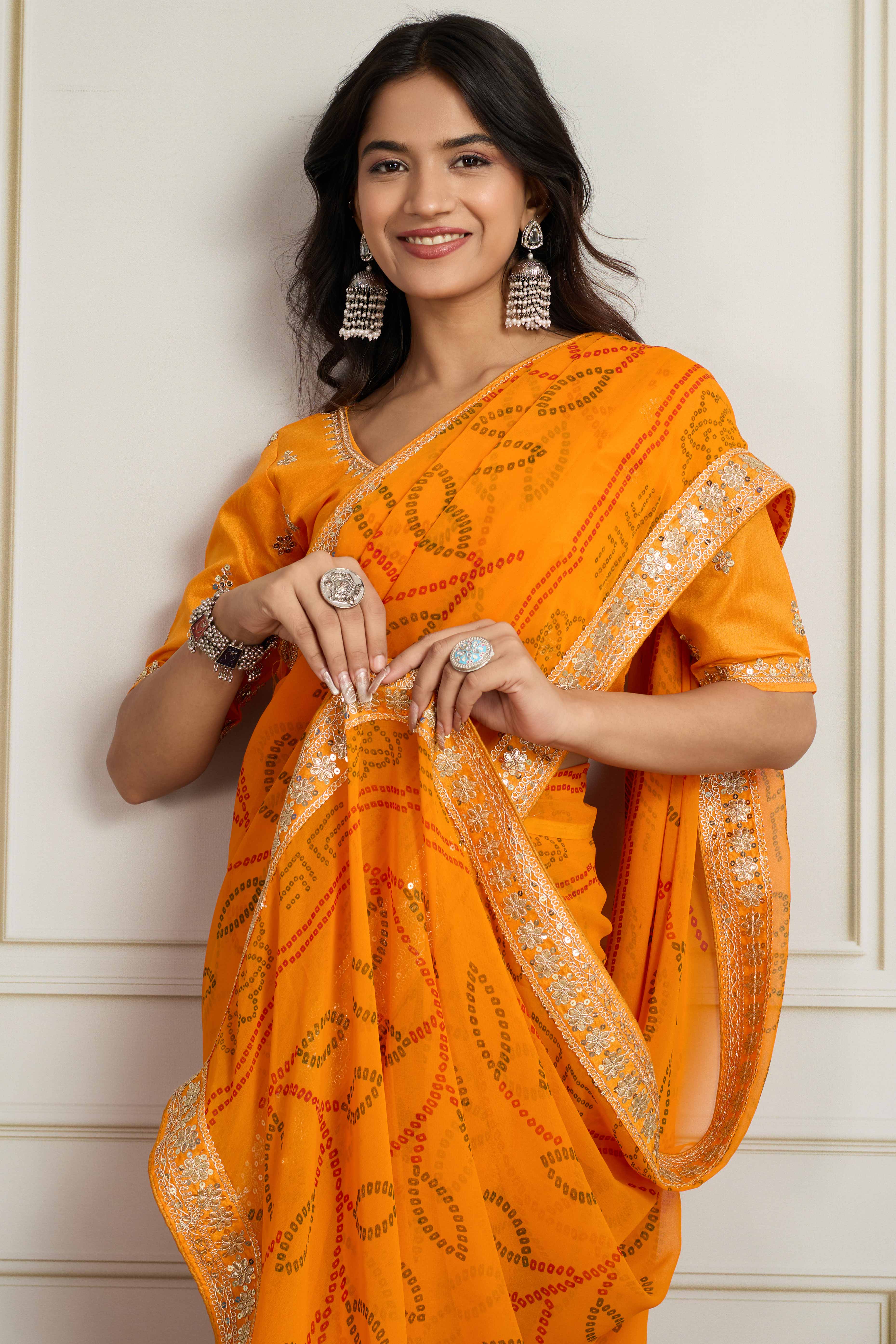 Mustard Bandhani Digital Printed Georgette Saree Enhanced With Cording Embroidered Border