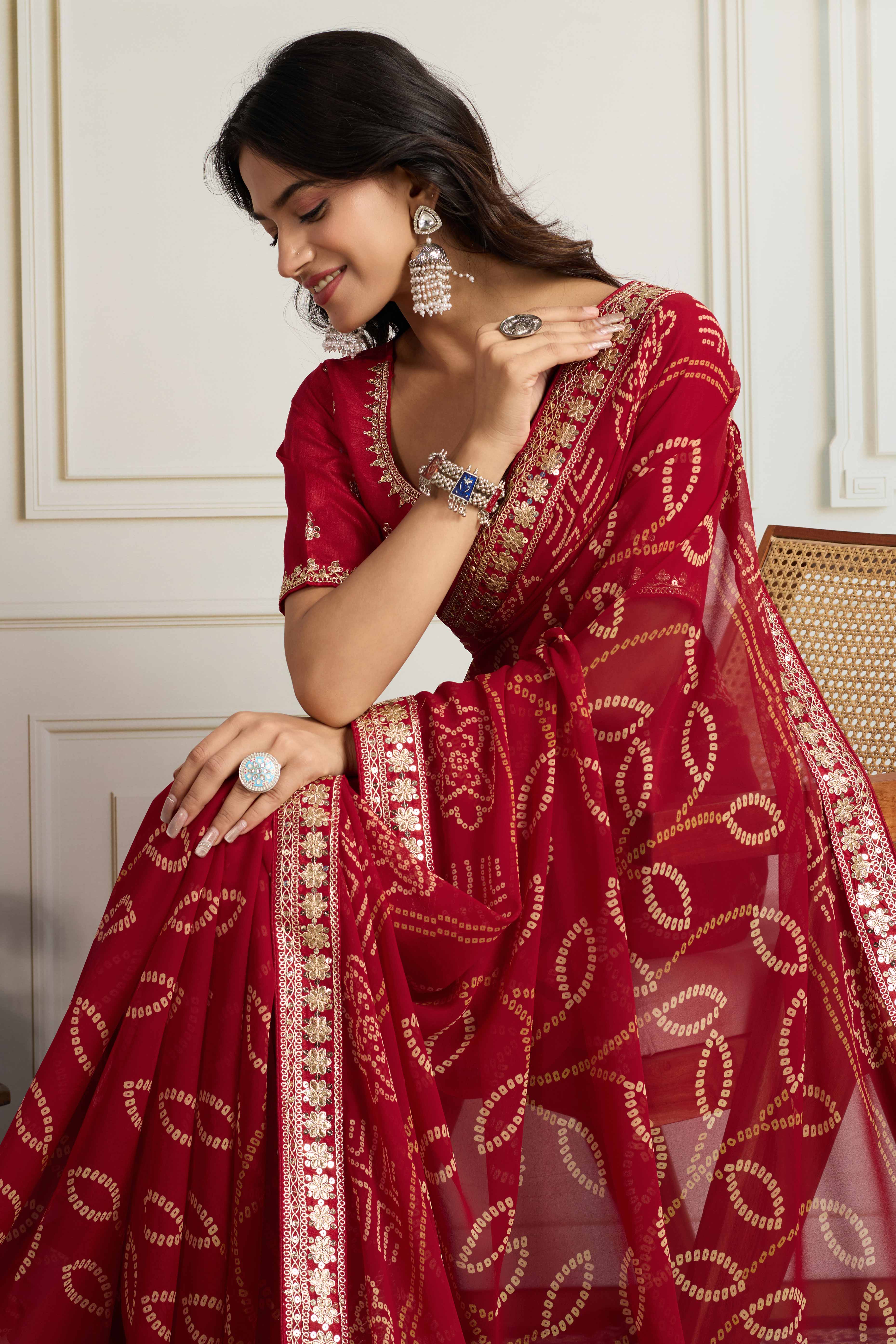 Red Bandhani Digital Printed Georgette Saree Enhanced With Cording Embroidered Border
