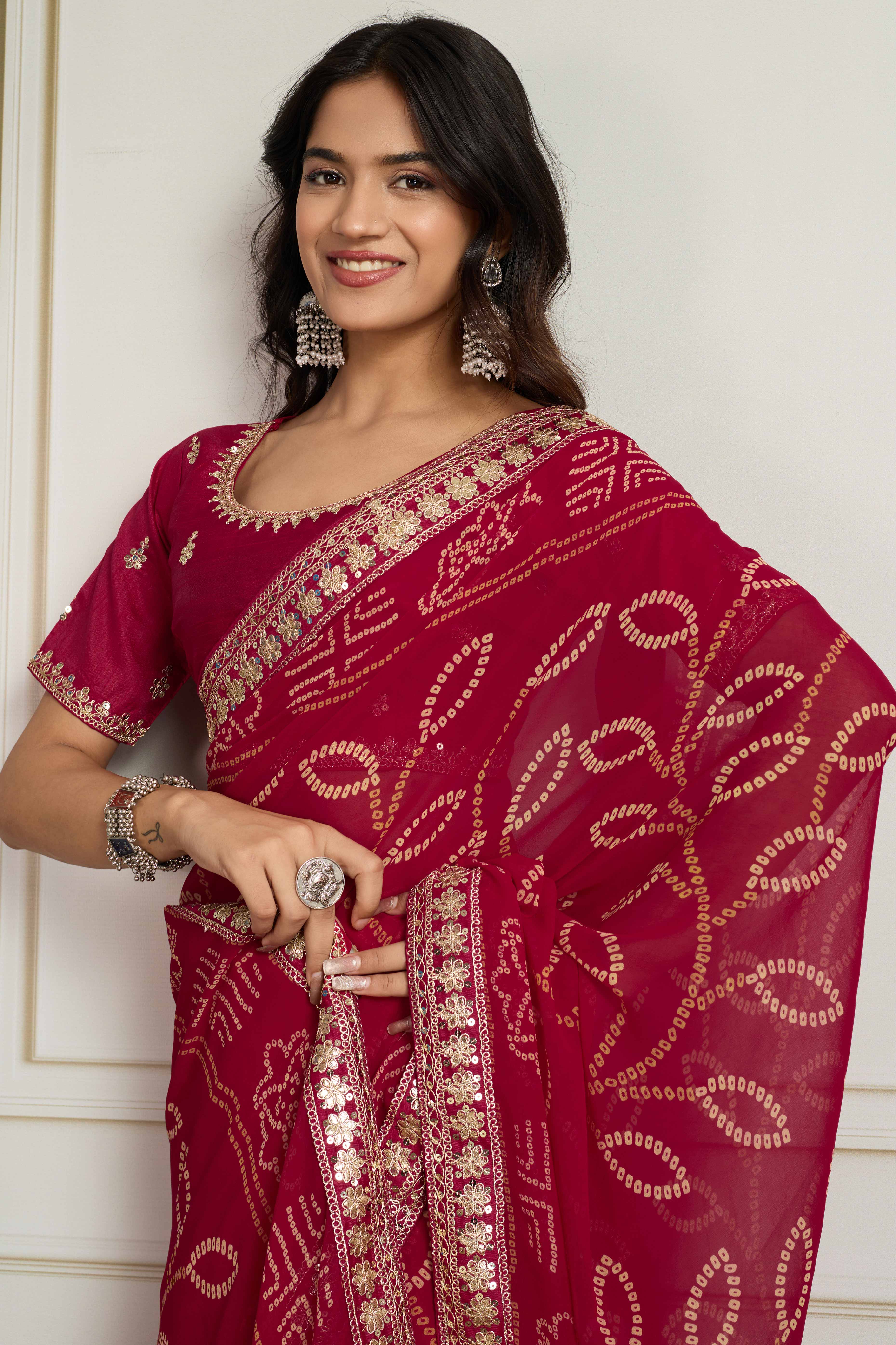 Pink Bandhani Digital Printed Georgette Saree Enhanced With Cording Embroidered Border