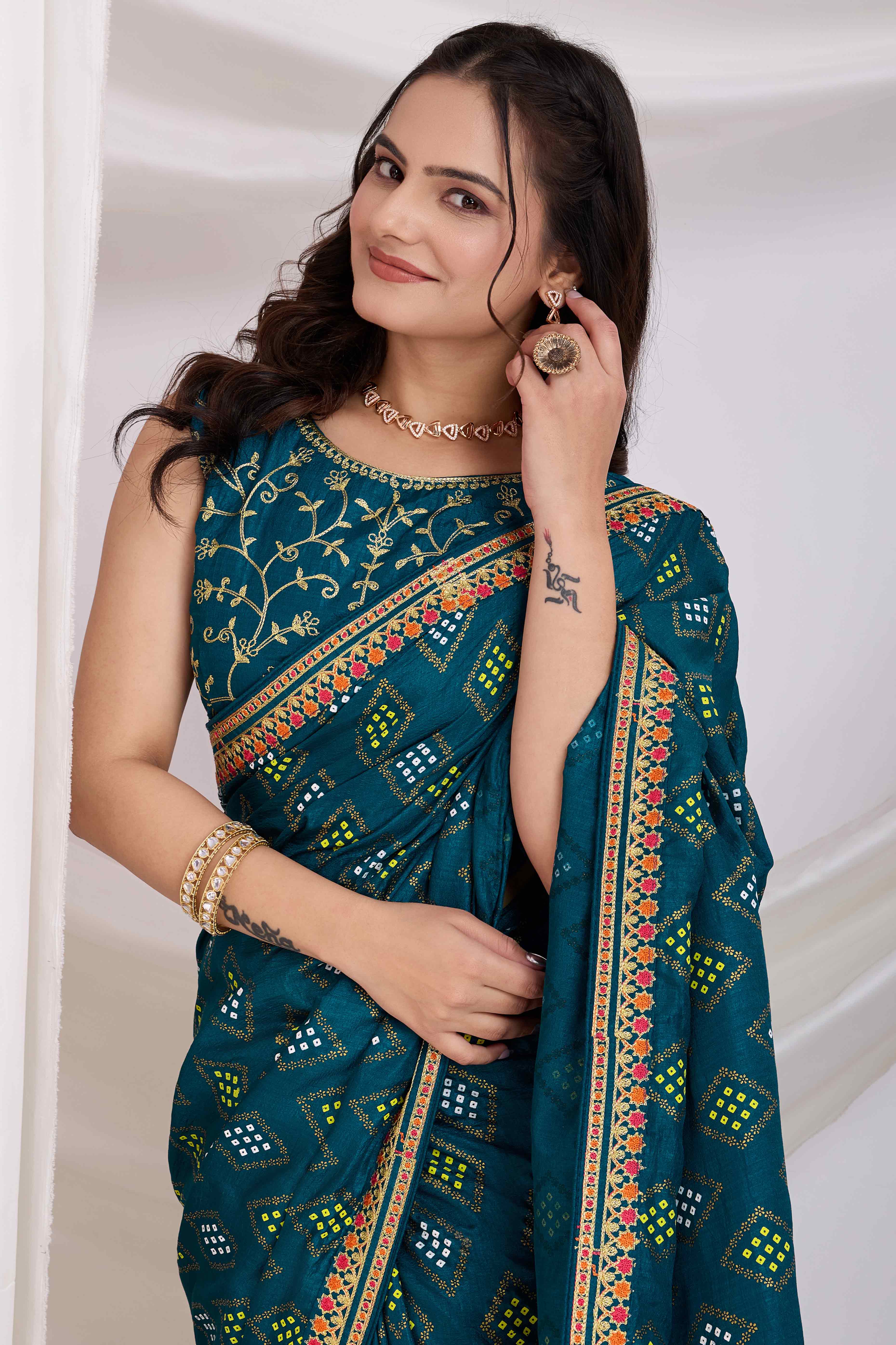 Teal Bandhani Printed Vichitra Silk Saree With Embroidery Border
