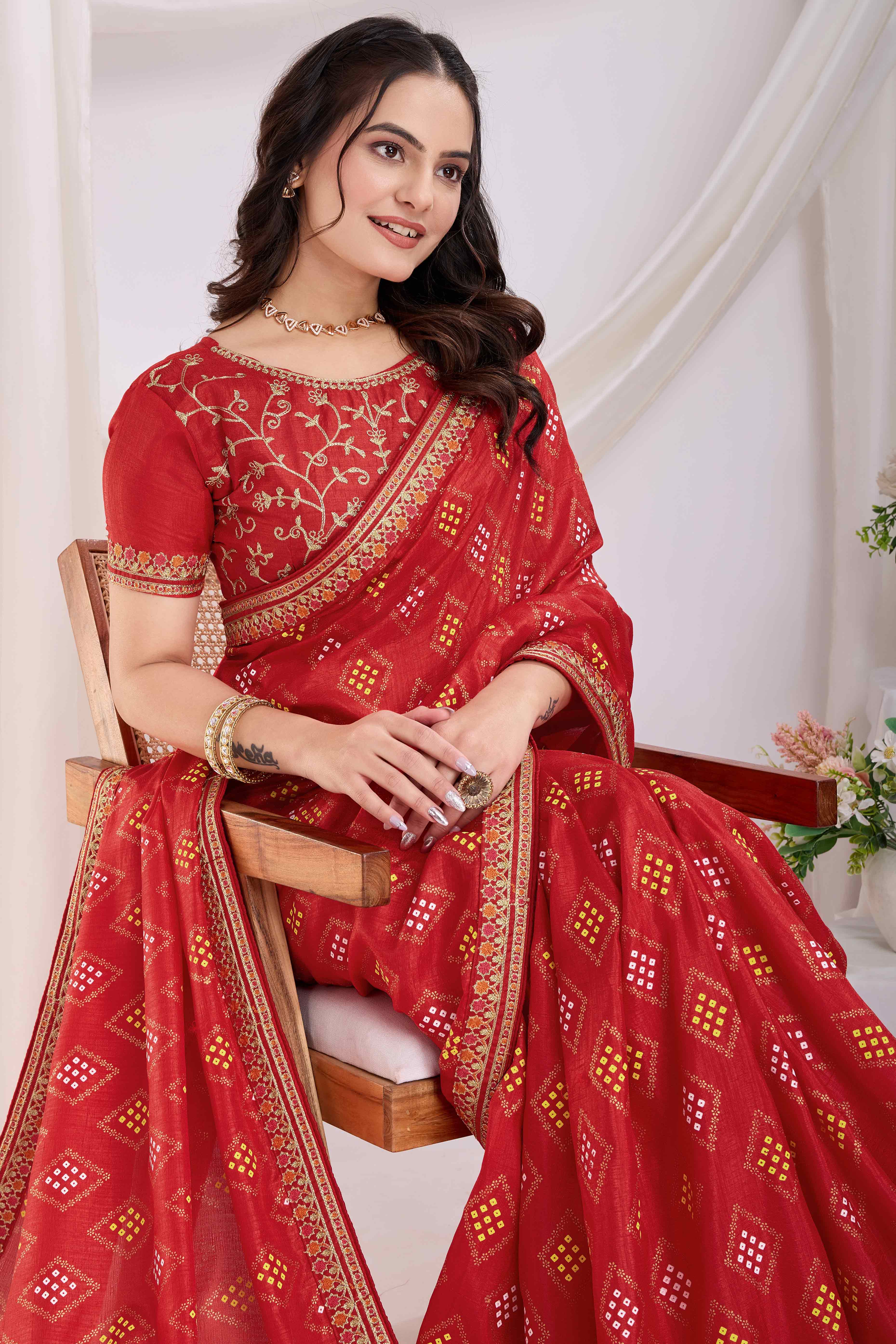 Red Bandhani Printed Vichitra Silk Saree With Embroidery Border