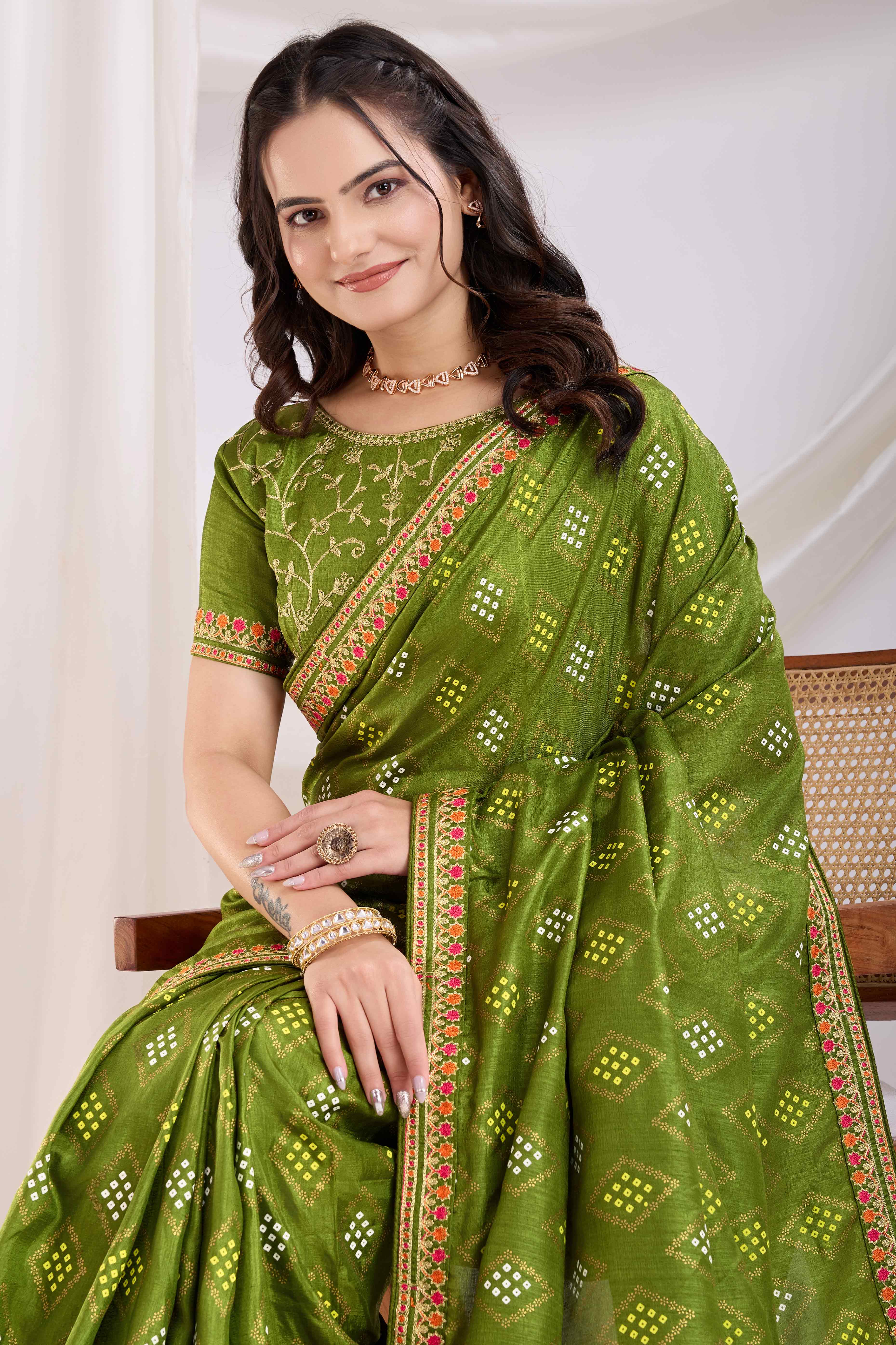 Green Bandhani Printed Vichitra Silk Saree With Embroidery Border
