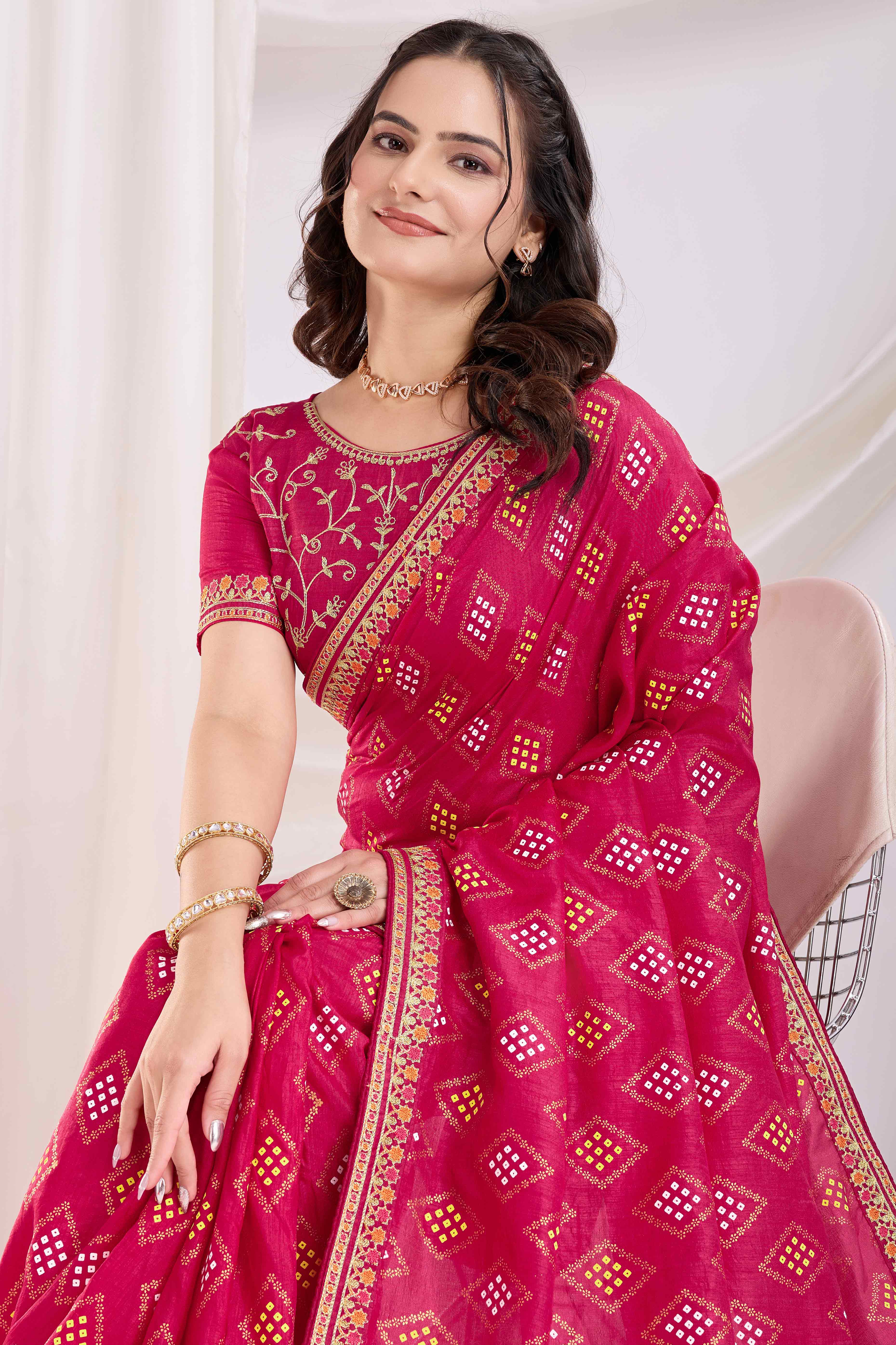 22Pink Bandhani Printed Vichitra Silk Saree With Embroidery Border