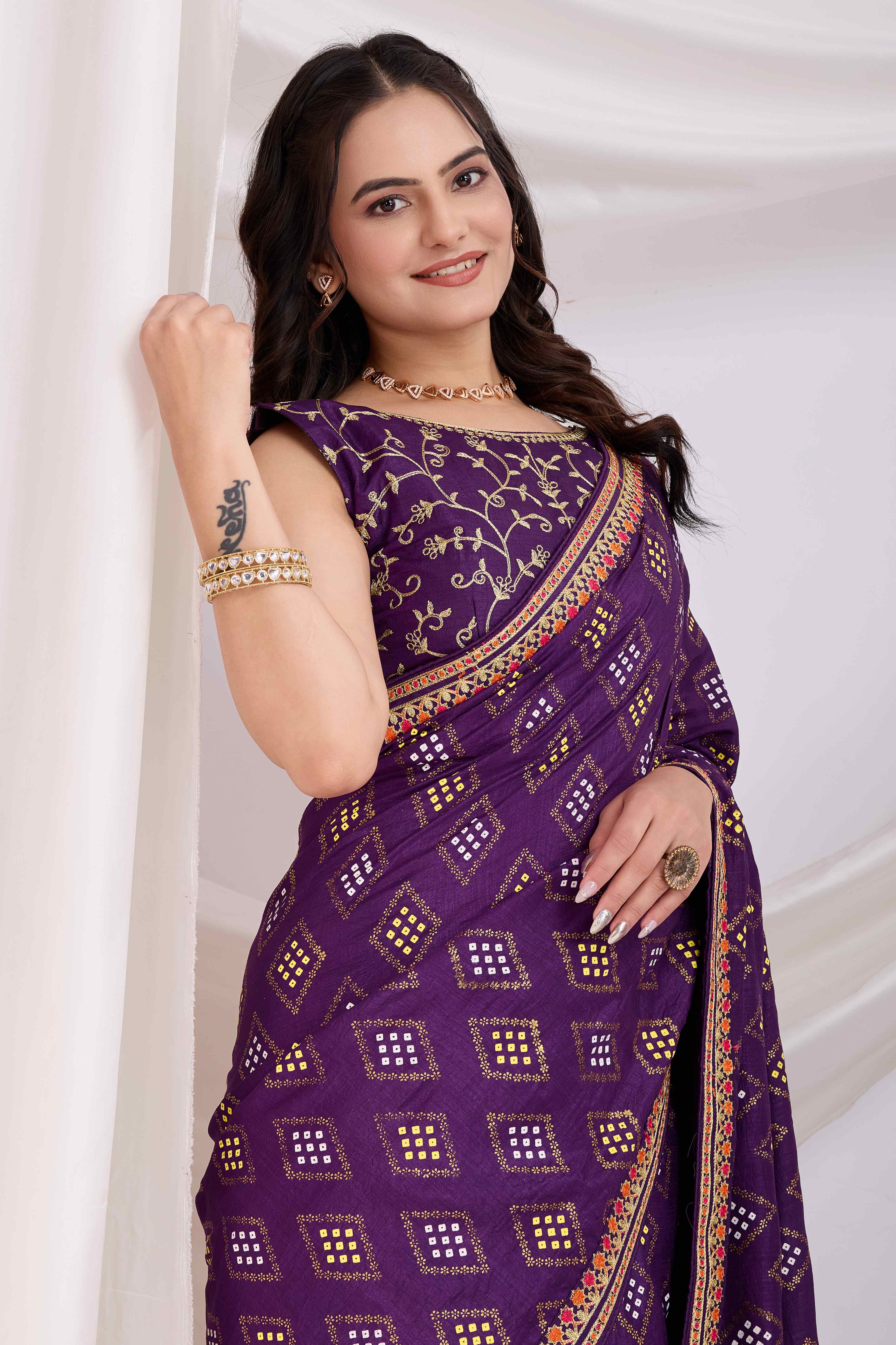 Purple Bandhani Printed Vichitra Silk Saree With Embroidery Border