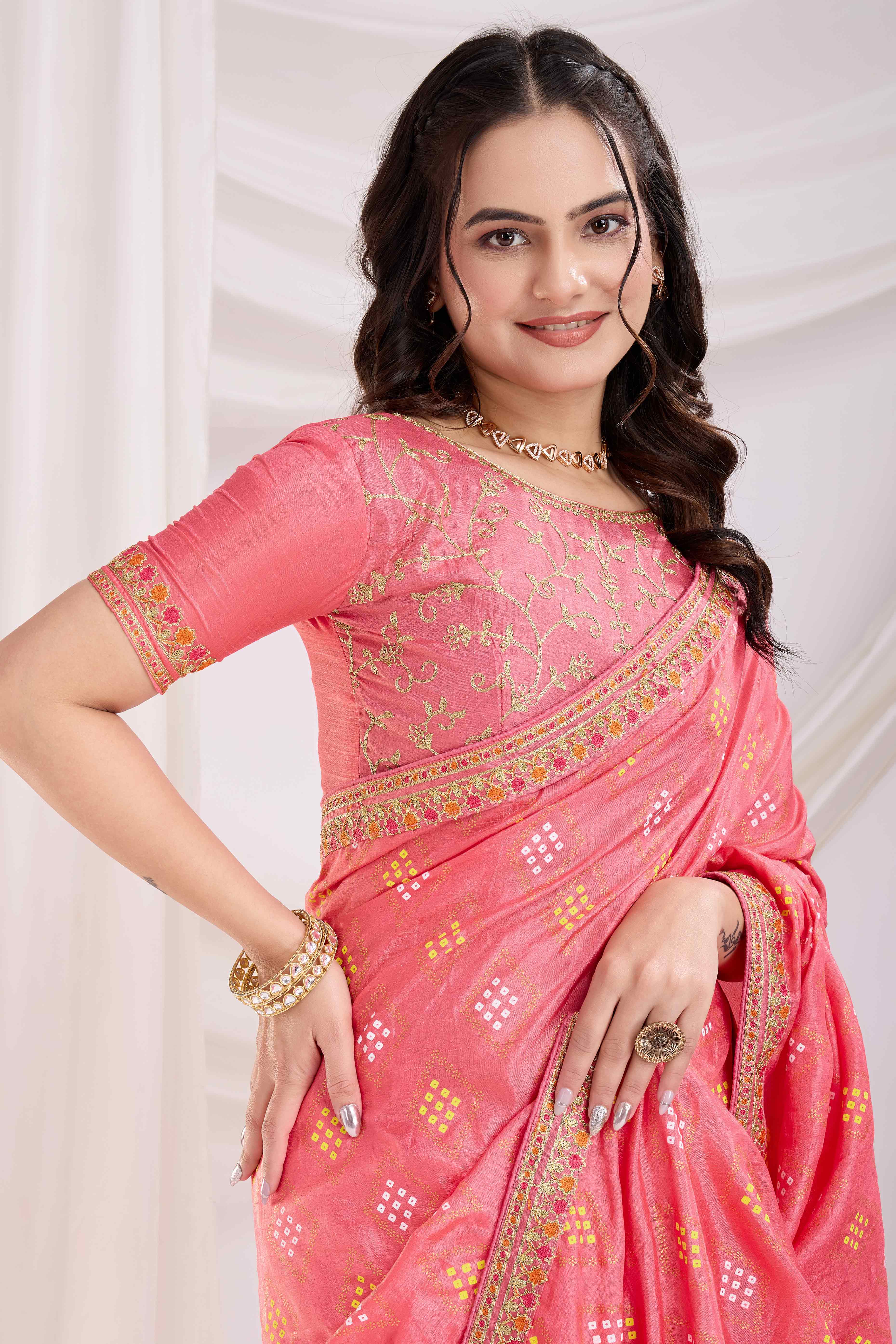 Peach Bandhani Printed Vichitra Silk Saree With Embroidery Border