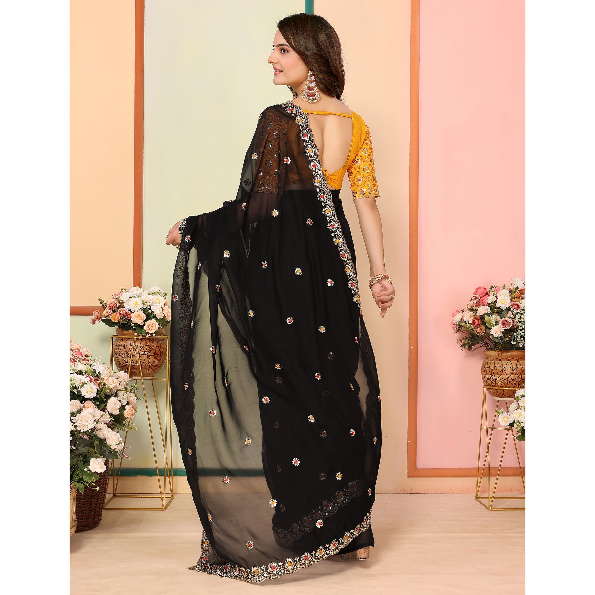 Black Sequins Embroidered Embroidered Organza Saree