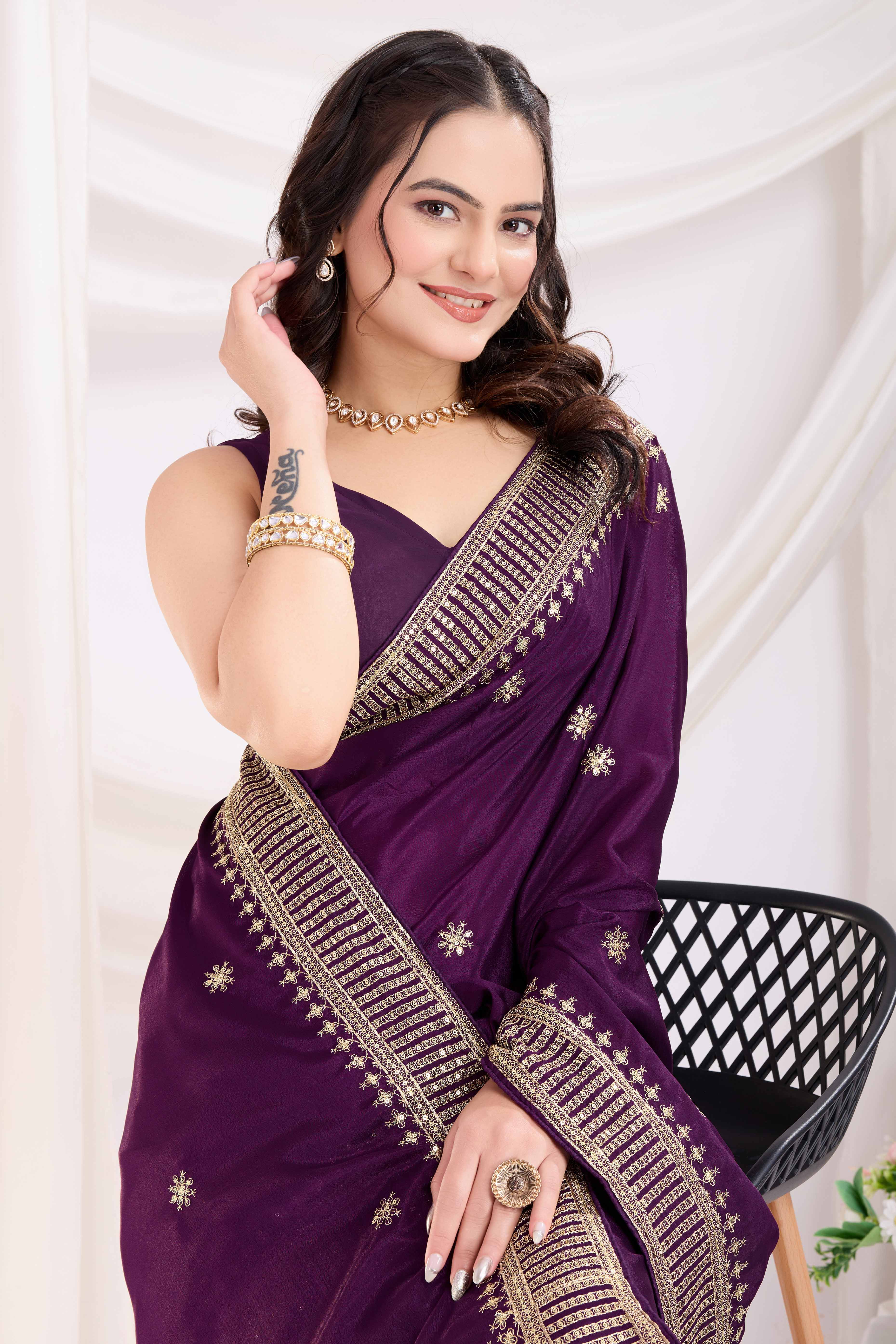 Wine Saree In Chinon Silk Featuring Delicate Floral Embroidery & Sparkling Sequins